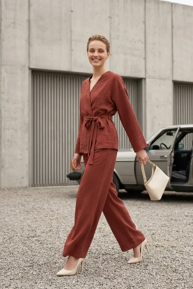 MY FASHION Belted V-neck Long Sleeve Two-Piece Set