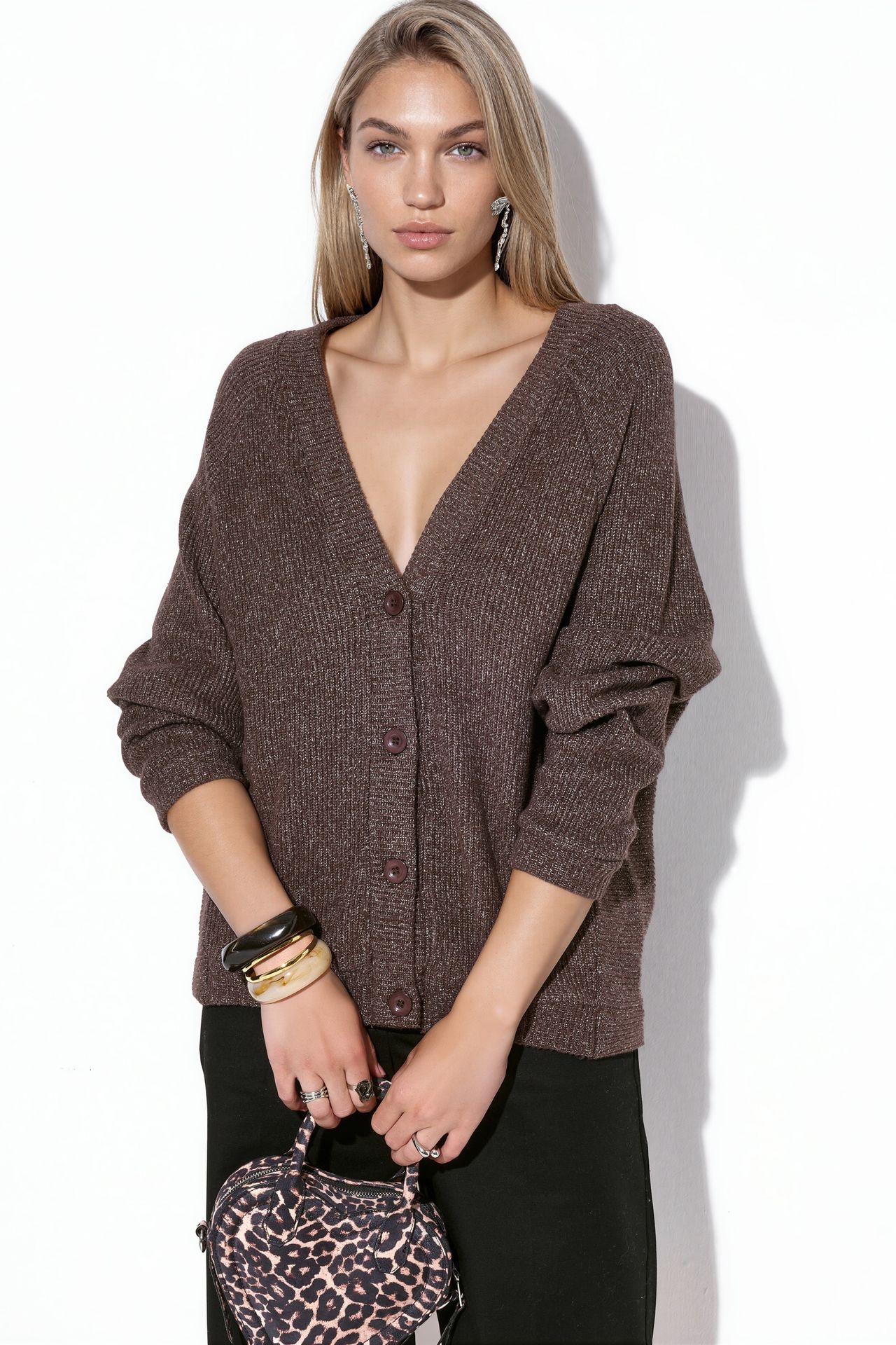 BUSEM Ribbed V-Neck Button Cardigan