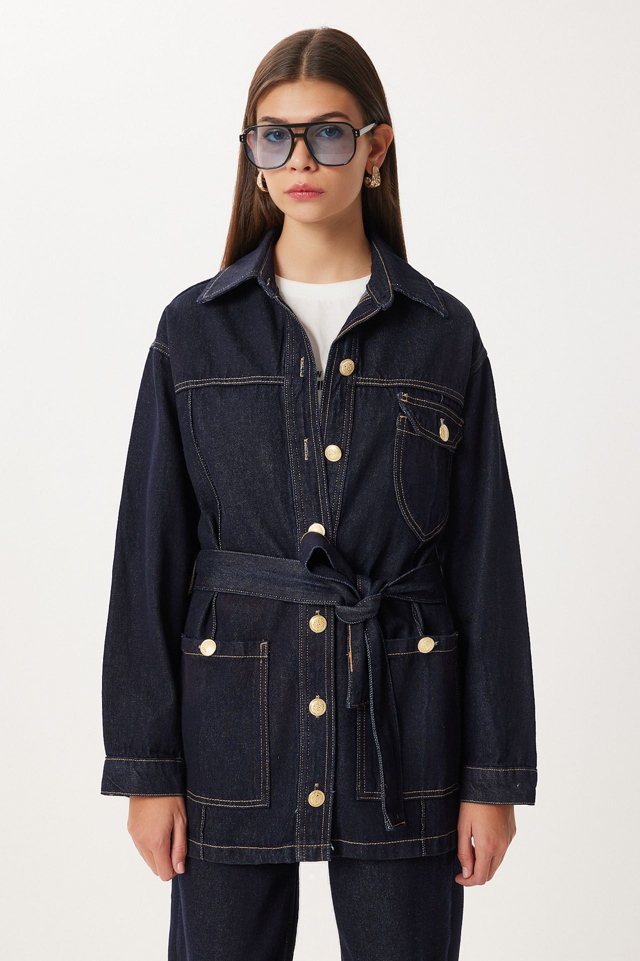 ISTANBUL Belted Denim Jacket and Wide Leg Pants Two-Piece Set 3