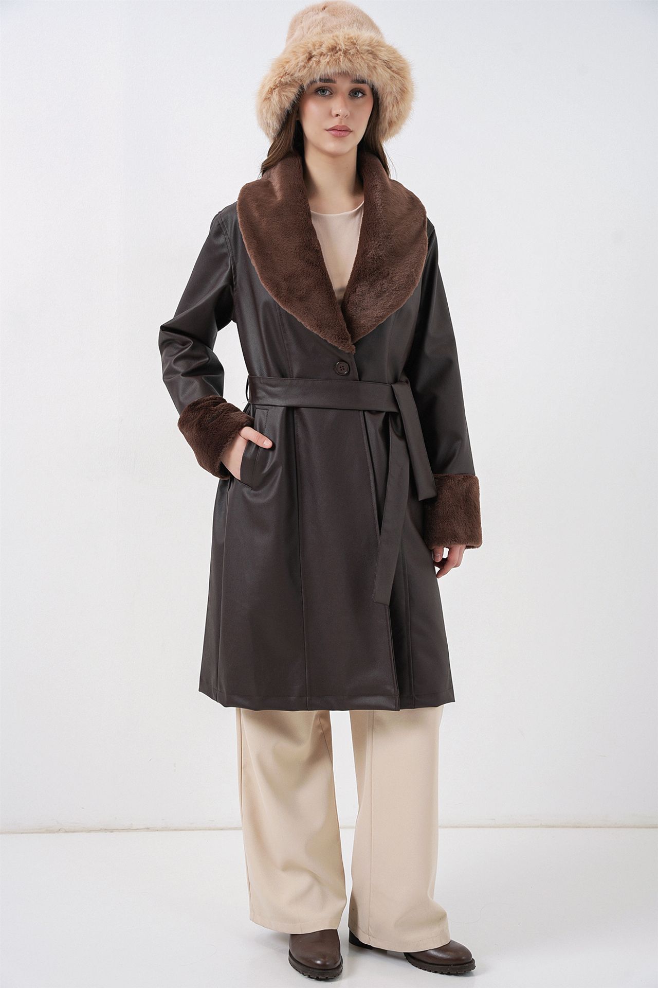BDART Long Faux Leather Coat with Shawl Collar