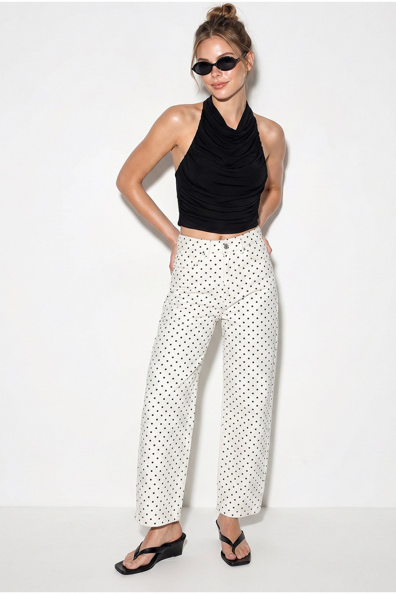 LUCCI High-Waist Straight Leg Polka Dot Jeans 2