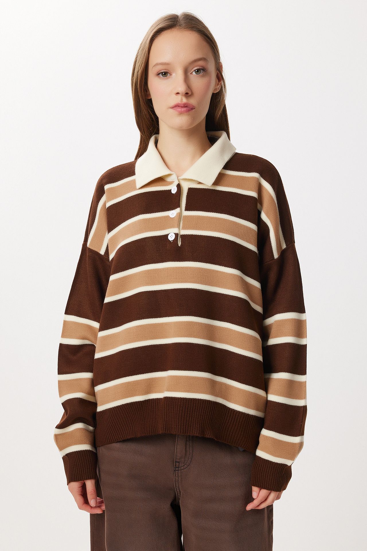 ISTANBUL Striped Sweater with Polo Collar 2