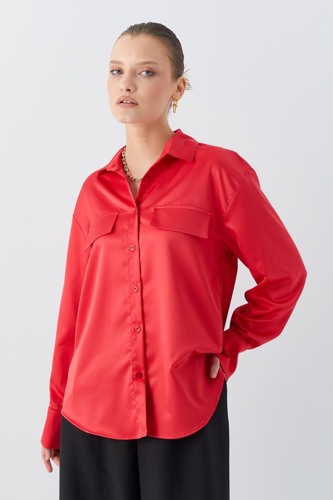 Satin Button-Up Shirt with Pocket Detail 3