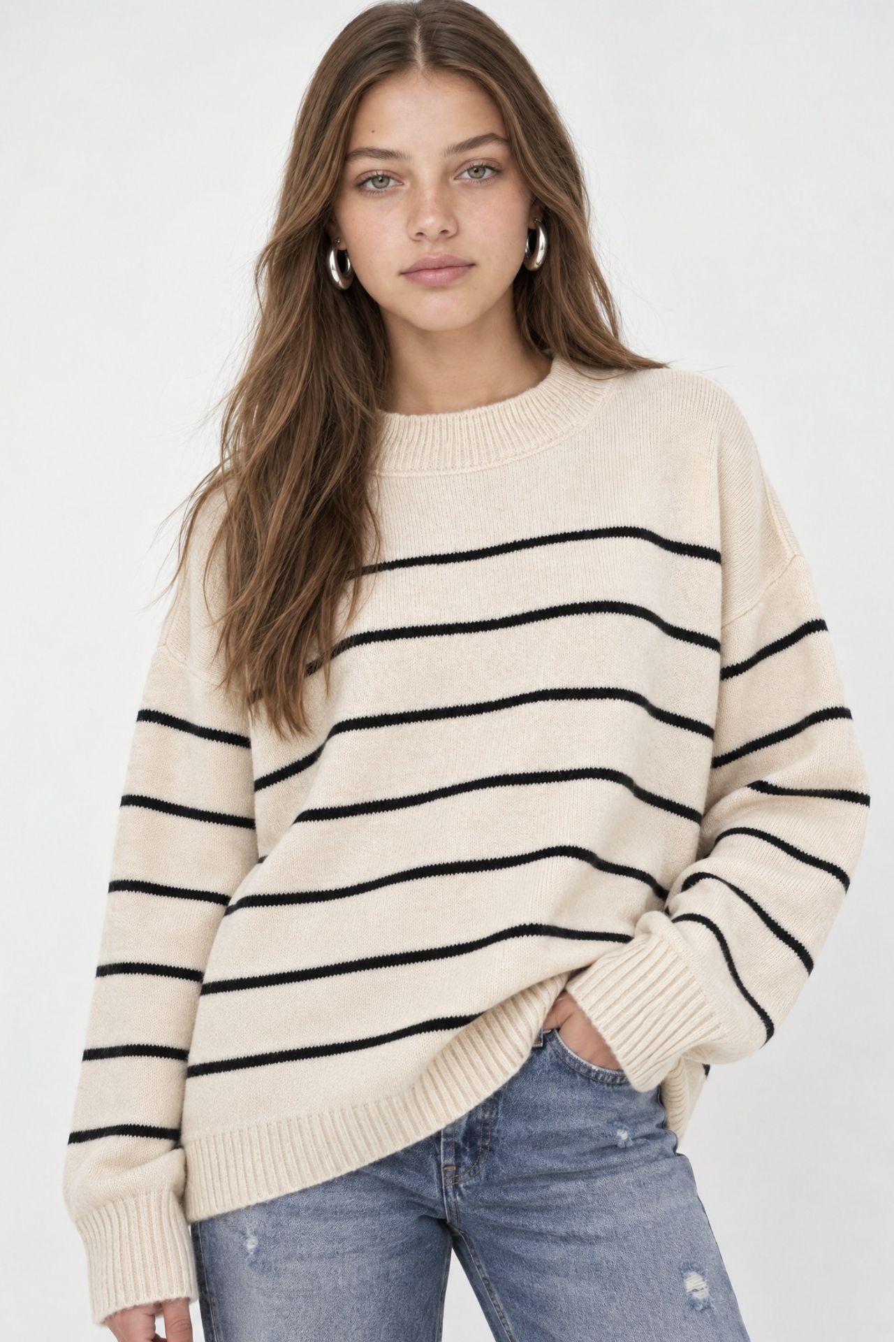 Striped Crew Neck Relaxed Knit Pullover Sweater 1