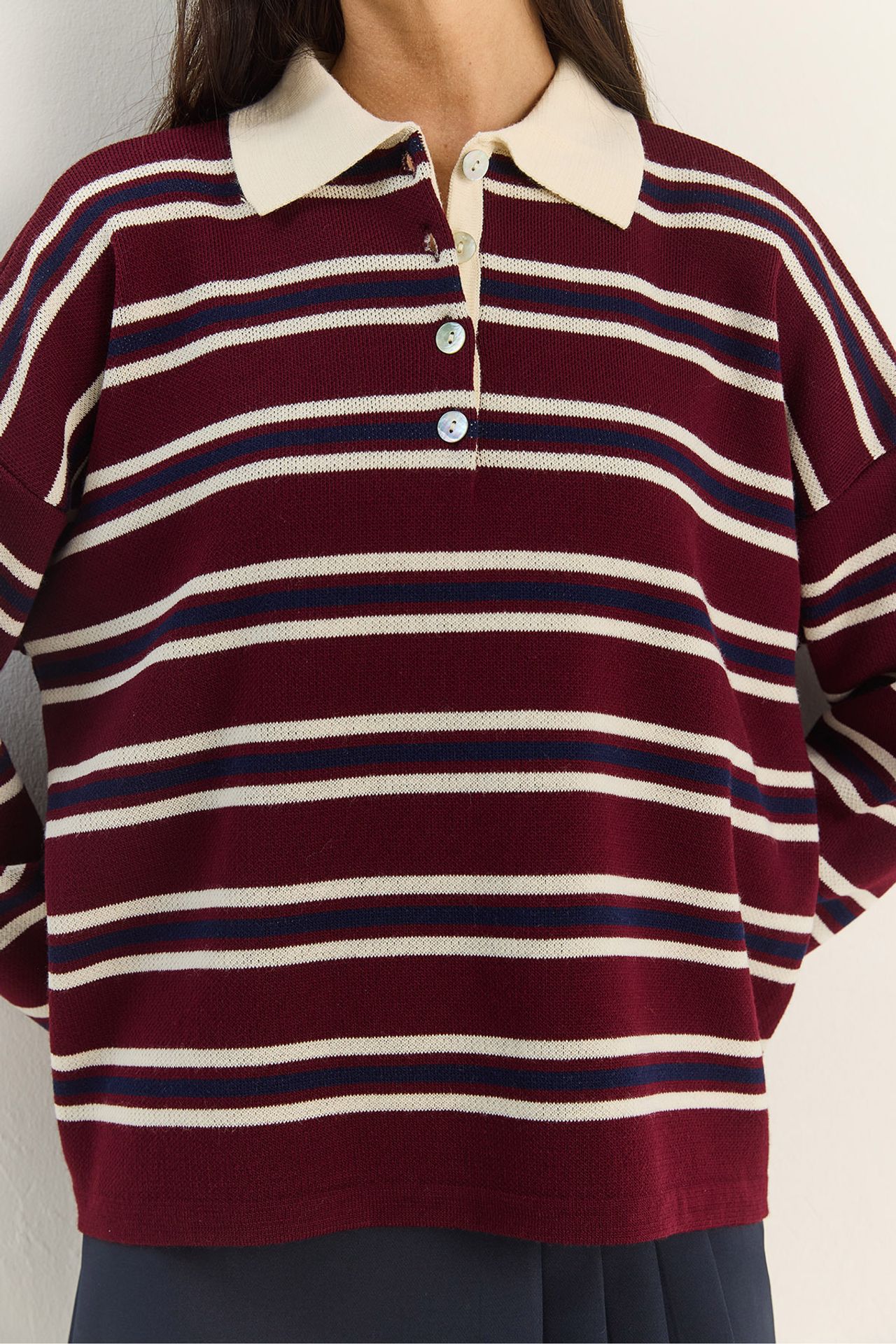 LUCCI Striped Polo Collar Button Sweater 6