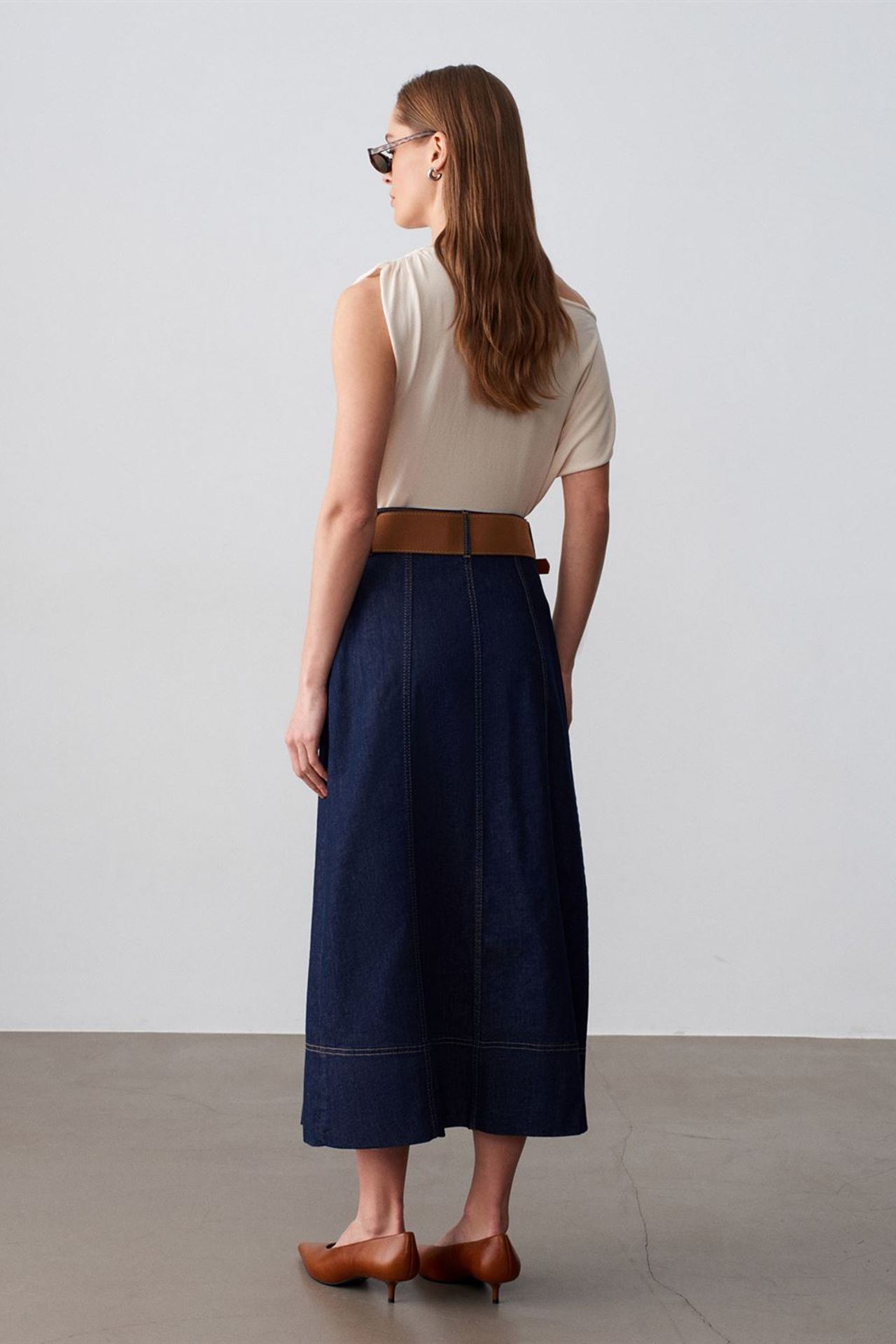DILVIN High-Waist A-Line Denim Maxi Skirt With Belt 2