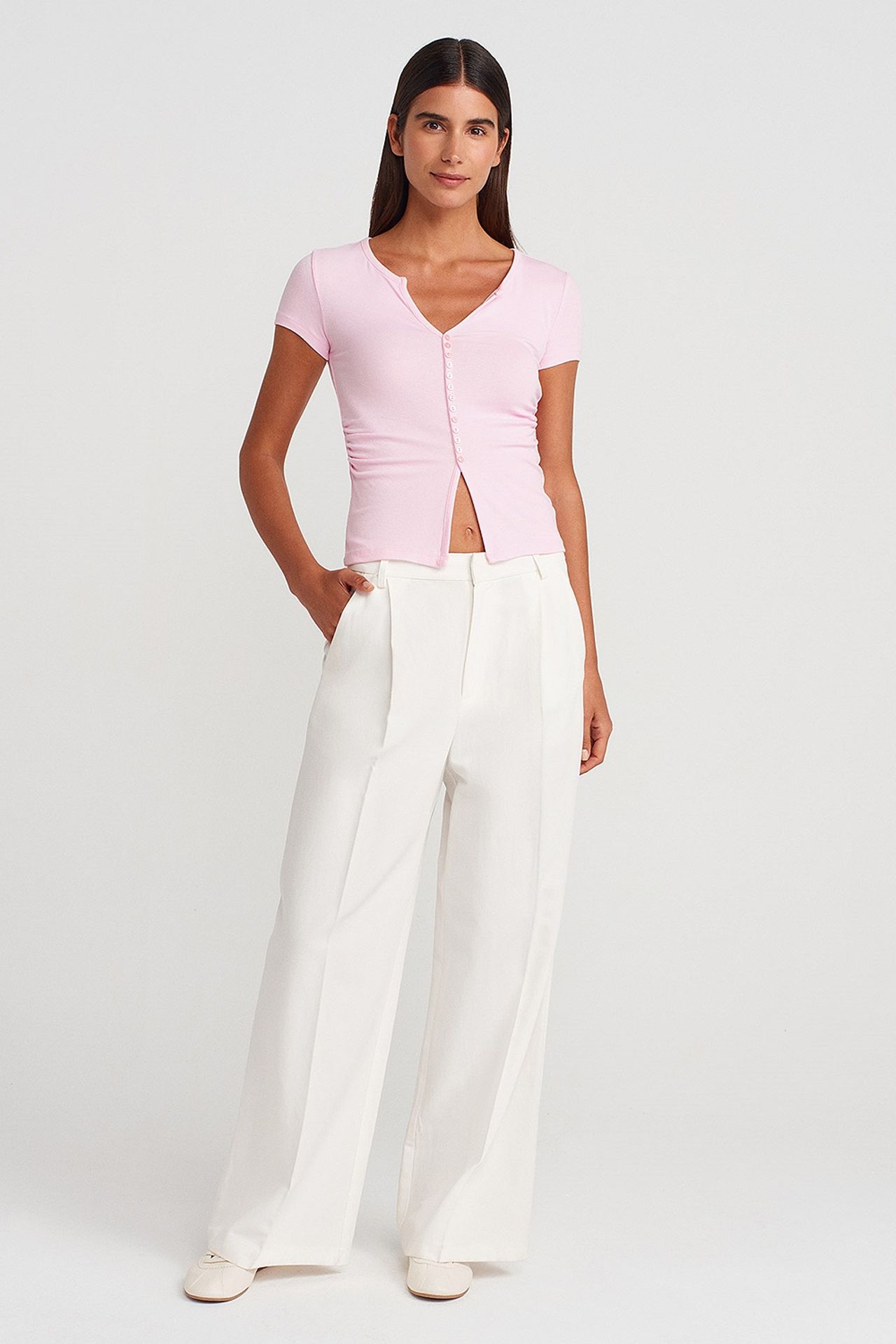DILVIN Slim Fit V-Neck Button Blouse 4