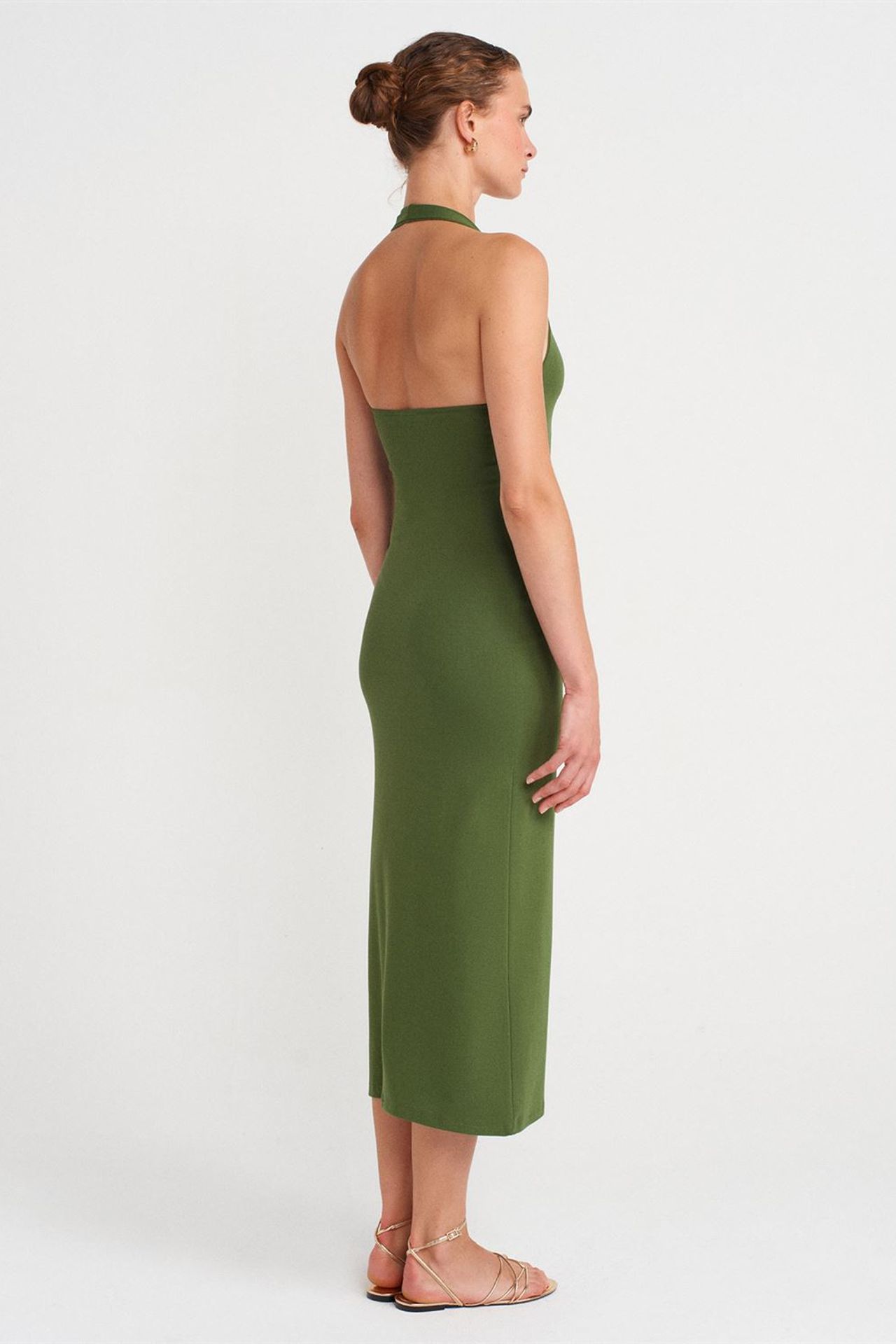 DILVIN Kadın Halter Yaka Bodycon Midi Elbise 2