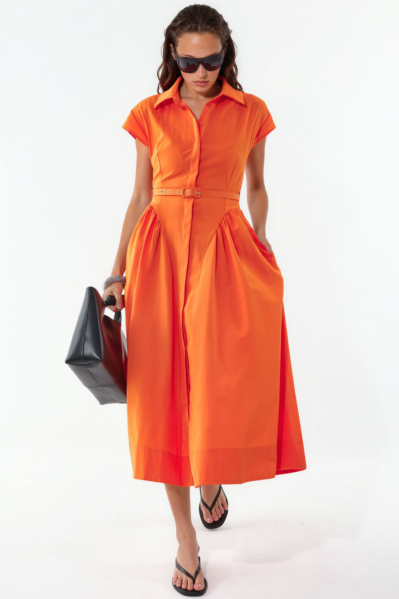 BUSEM Belted Midi Dress with Shirt Collar 1