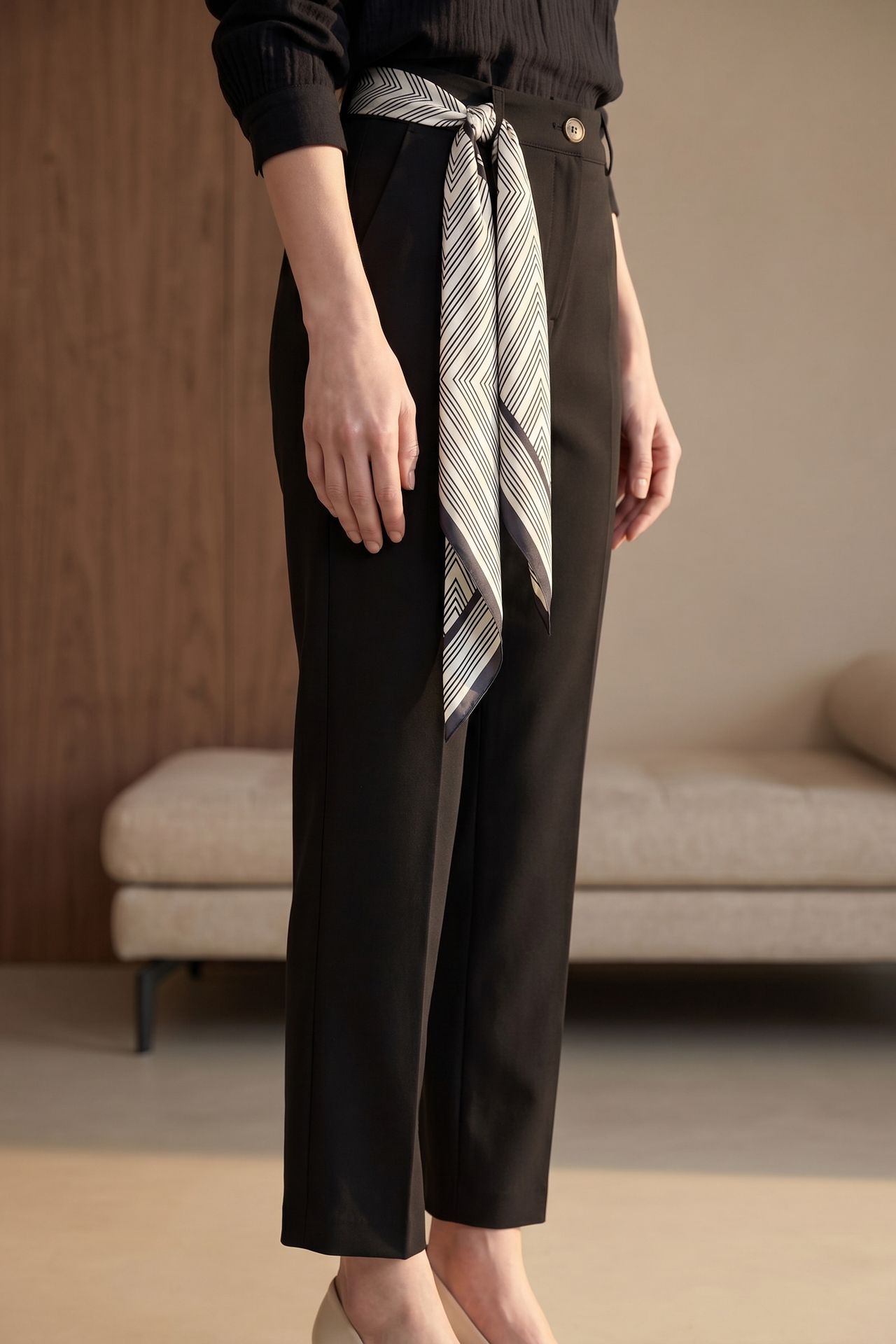 MY FASHION High-Waist Straight-Leg Crepe Trousers with Belt 4