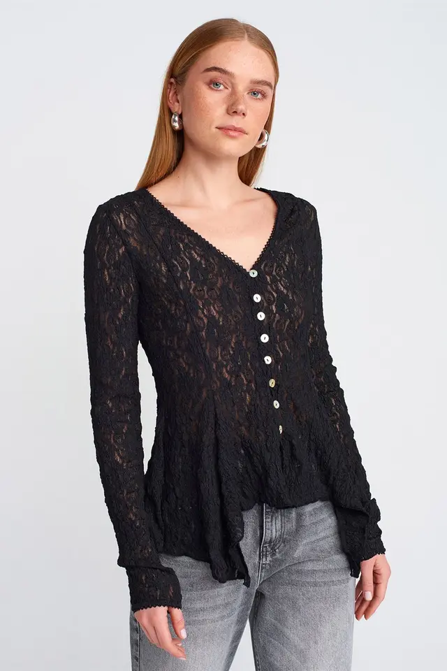 DILVIN Lace V-Neck Button Cardigan