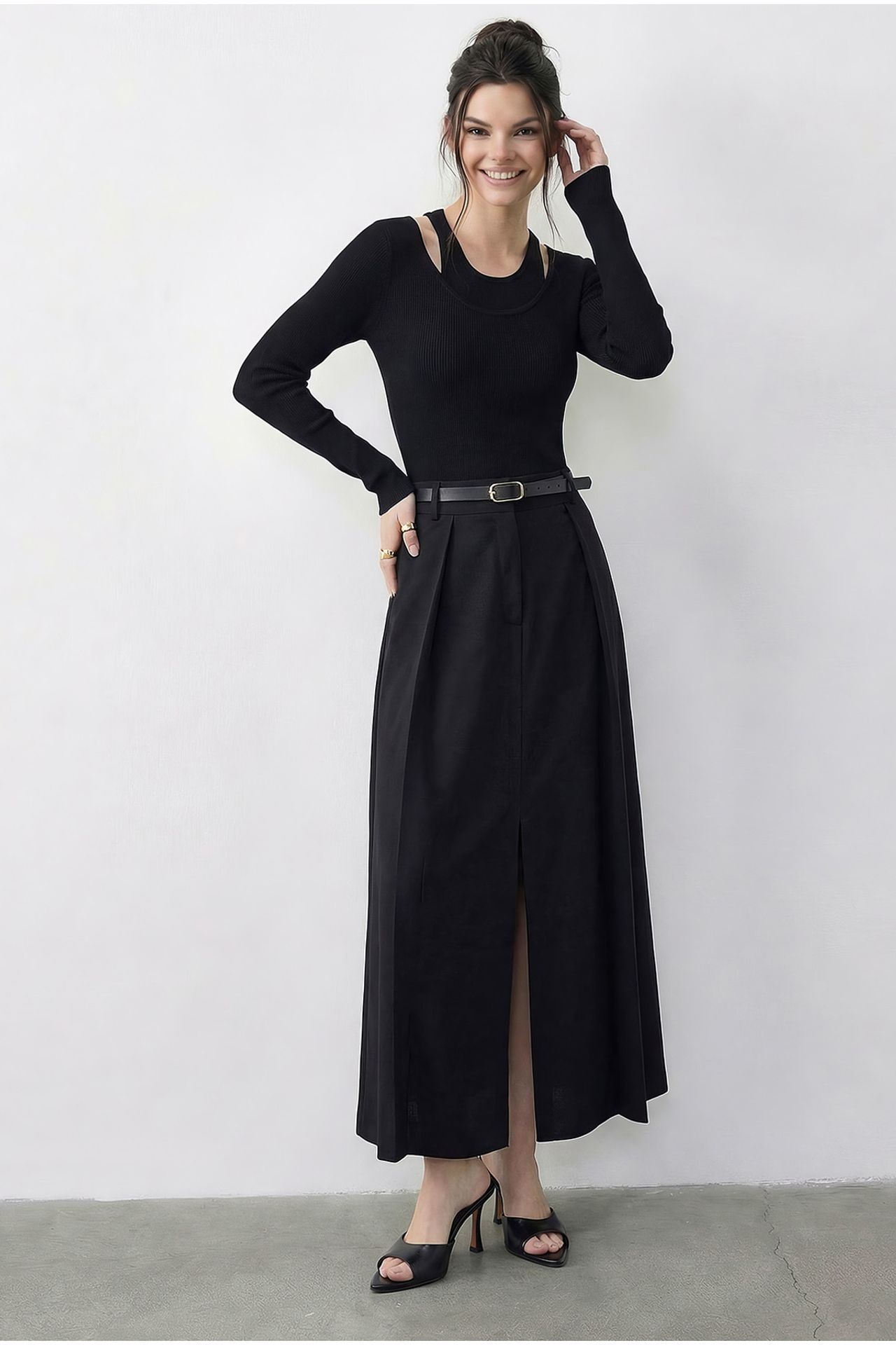 LUCCI High Waist Midi A-Line Skirt with Belt 3