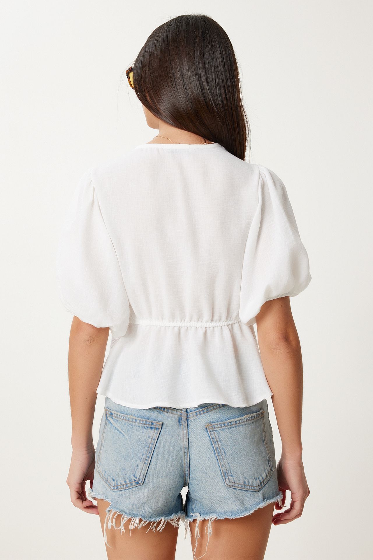 ISTANBUL V-Neck Short Sleeve Lace Blouse with Drawstring 5