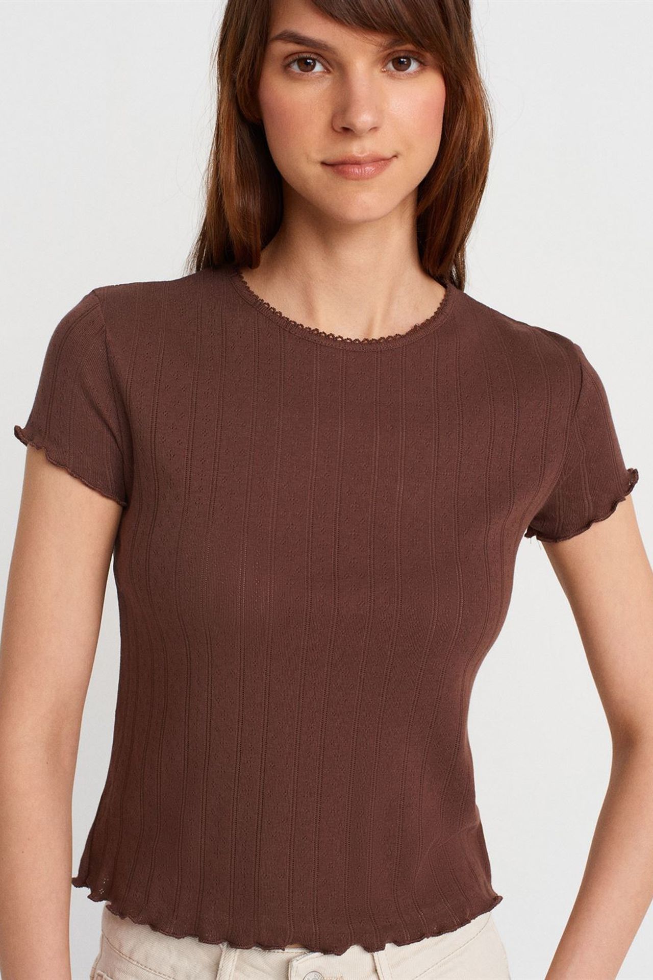 DILVIN Kadın Slim Fit Pamuklu Bisiklet Yaka Tişört 3