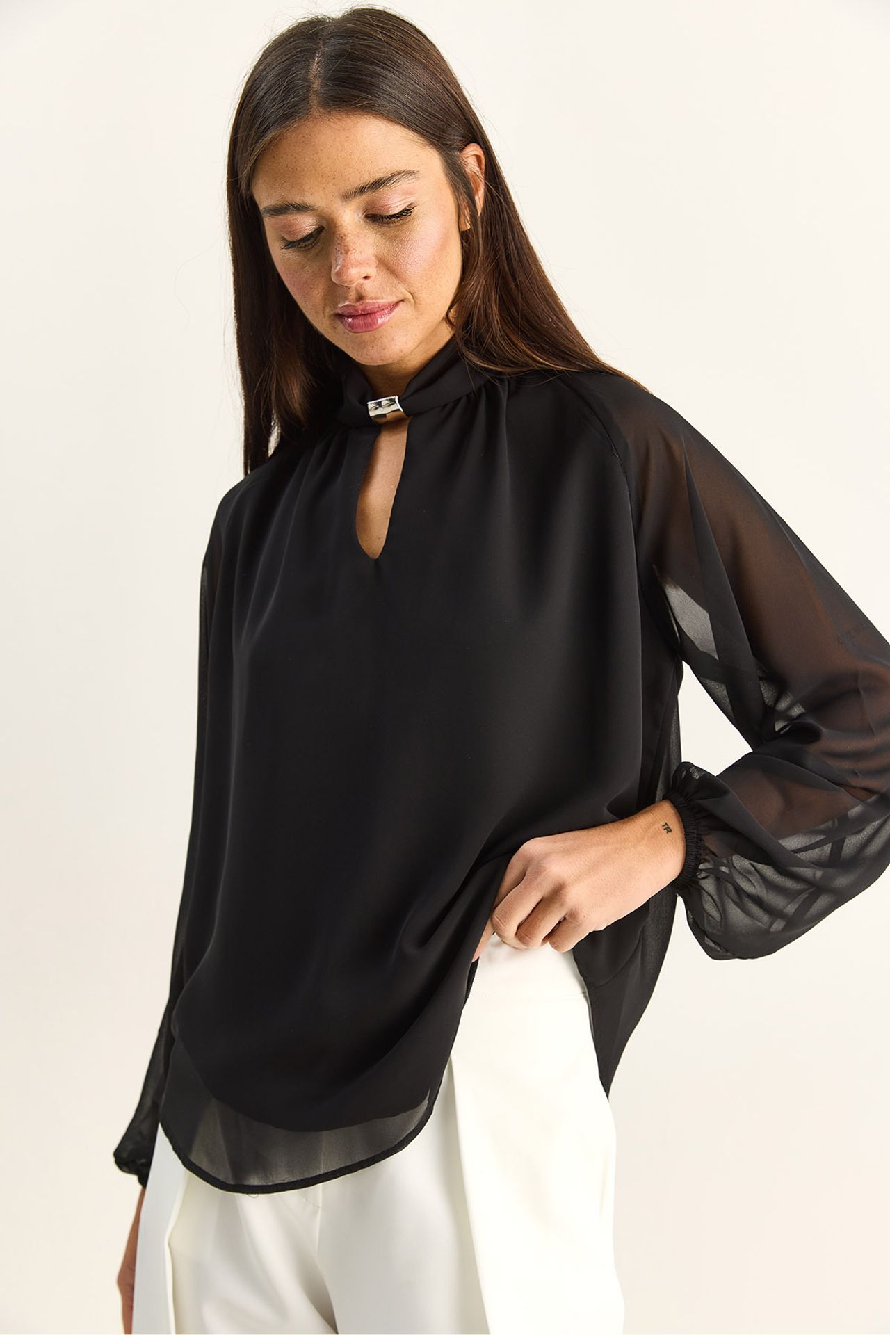 LUCCI Mandarin Collar Chiffon Blouse with Stone Accessory 4