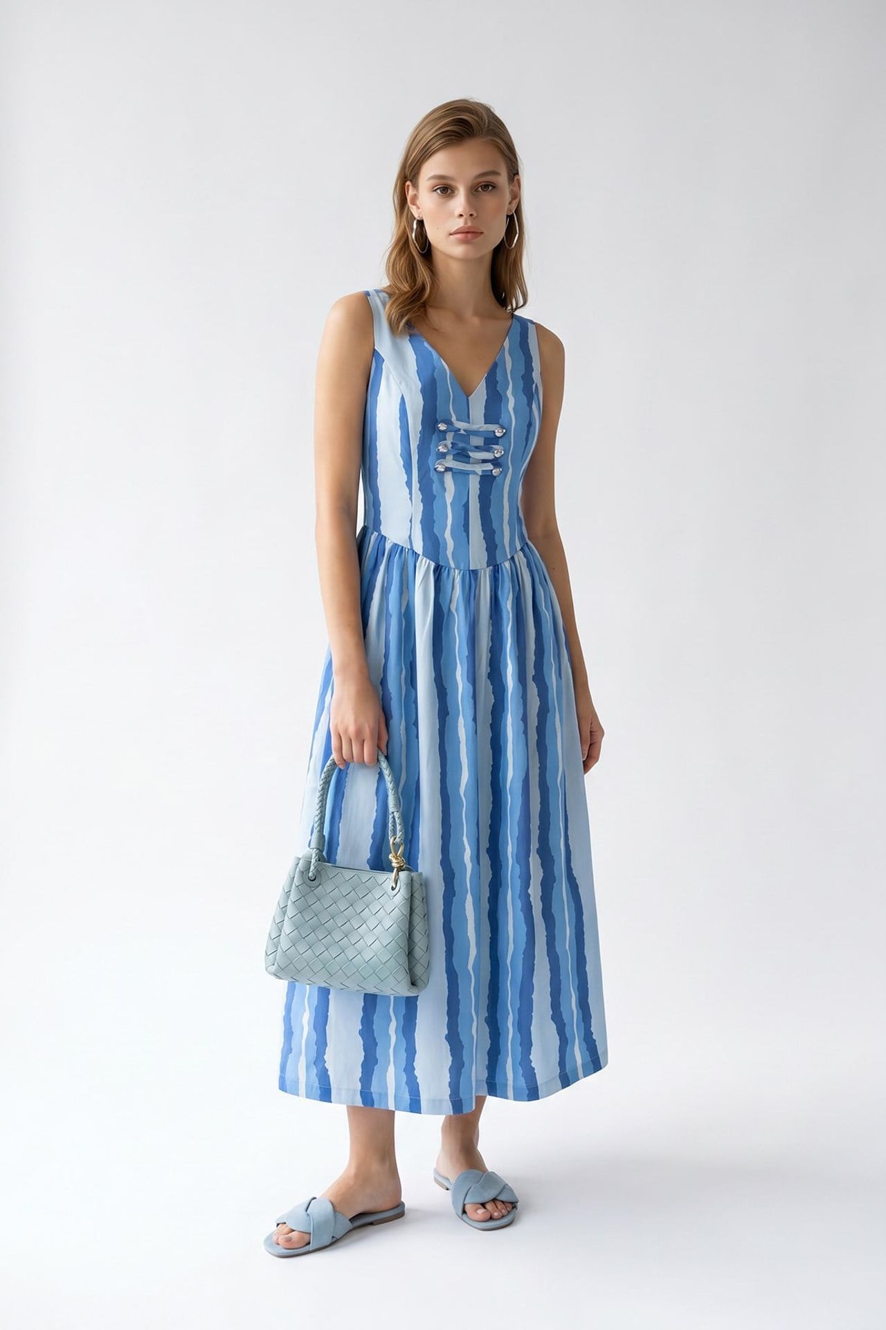 MIXRAY Striped A-line Midi Dress With Tie Detail 2