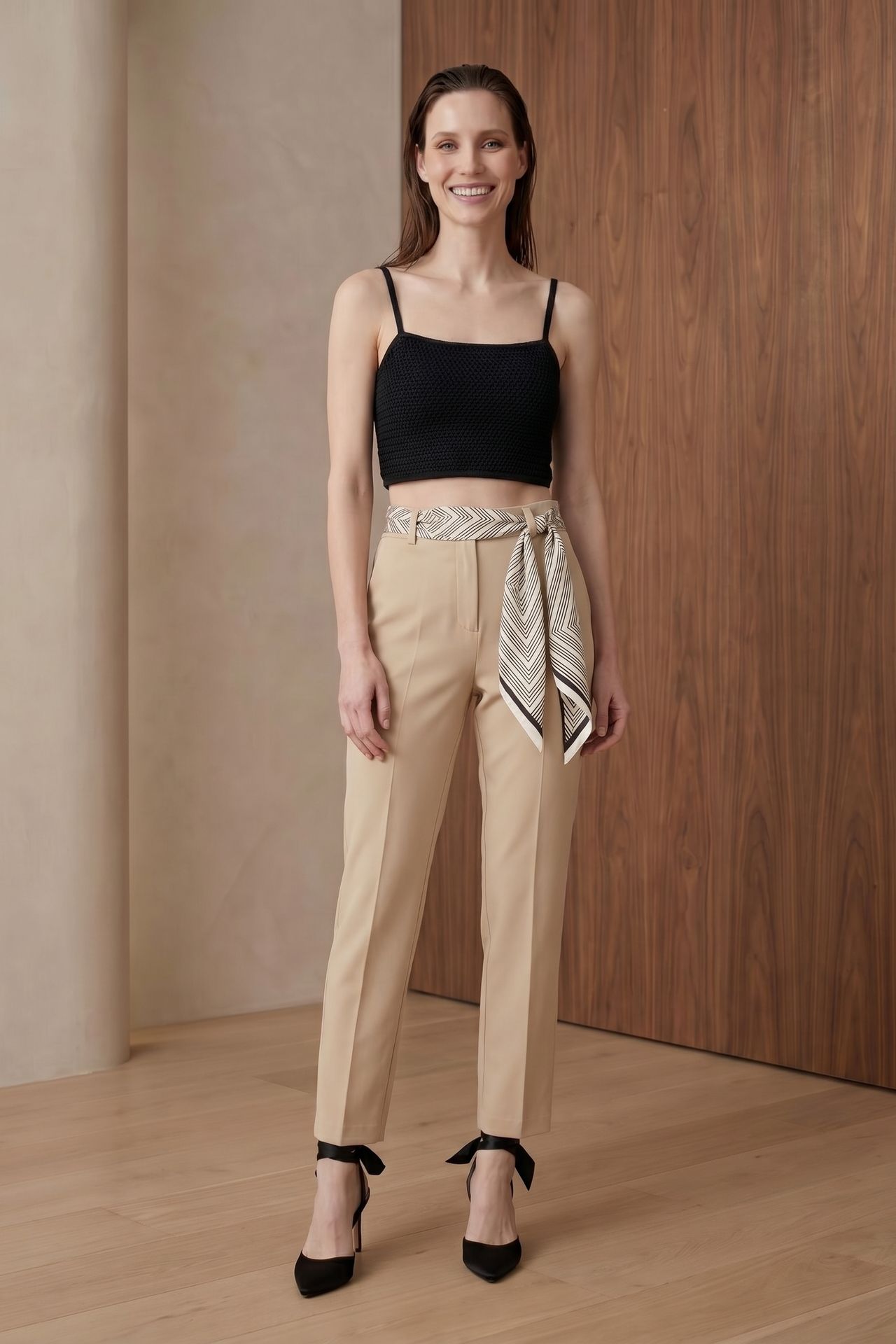 MY FASHION High-Waist Straight-Leg Crepe Trousers with Belt 5