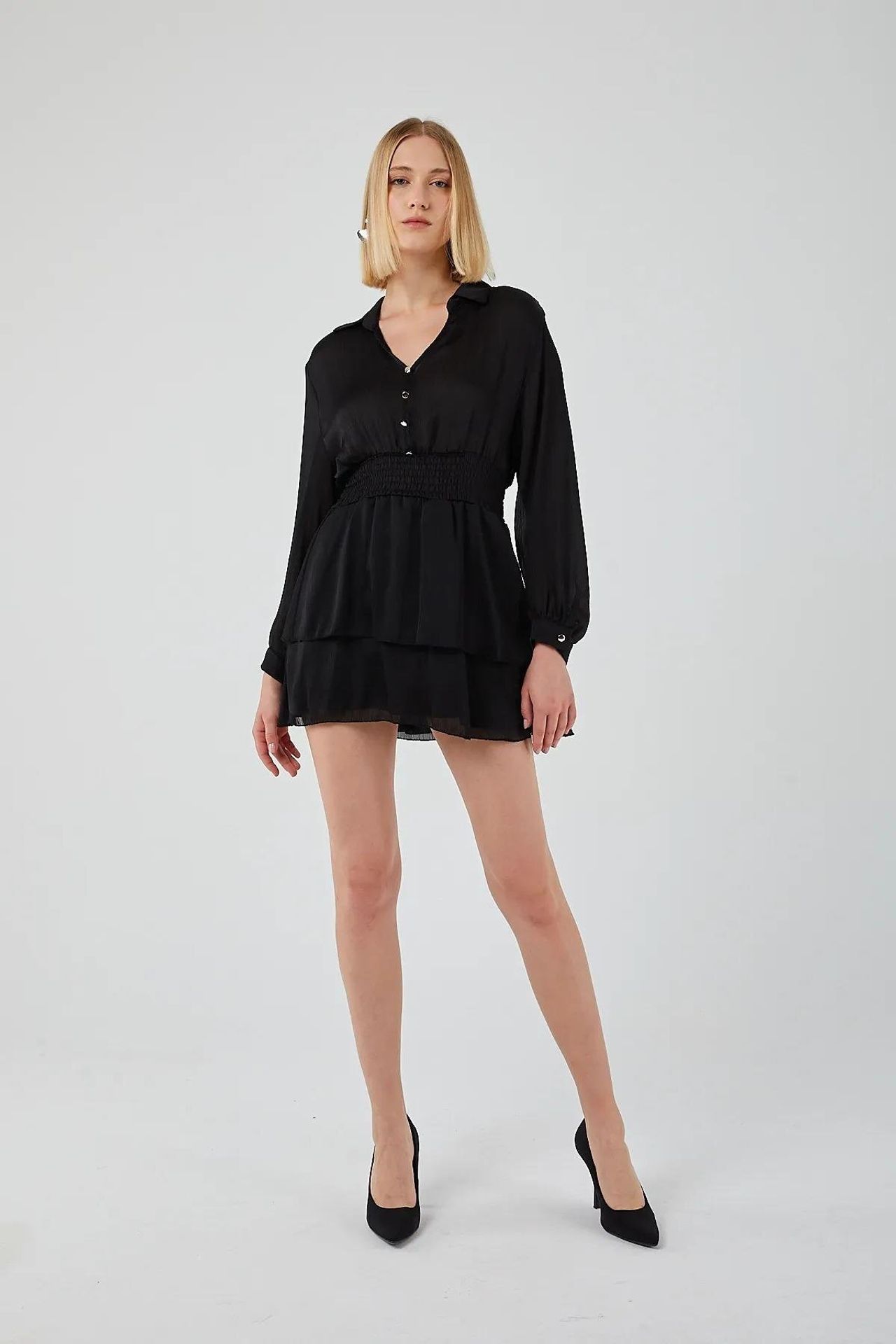 Mixray Mini V-Neck Buttoned Ruffle Dress 1