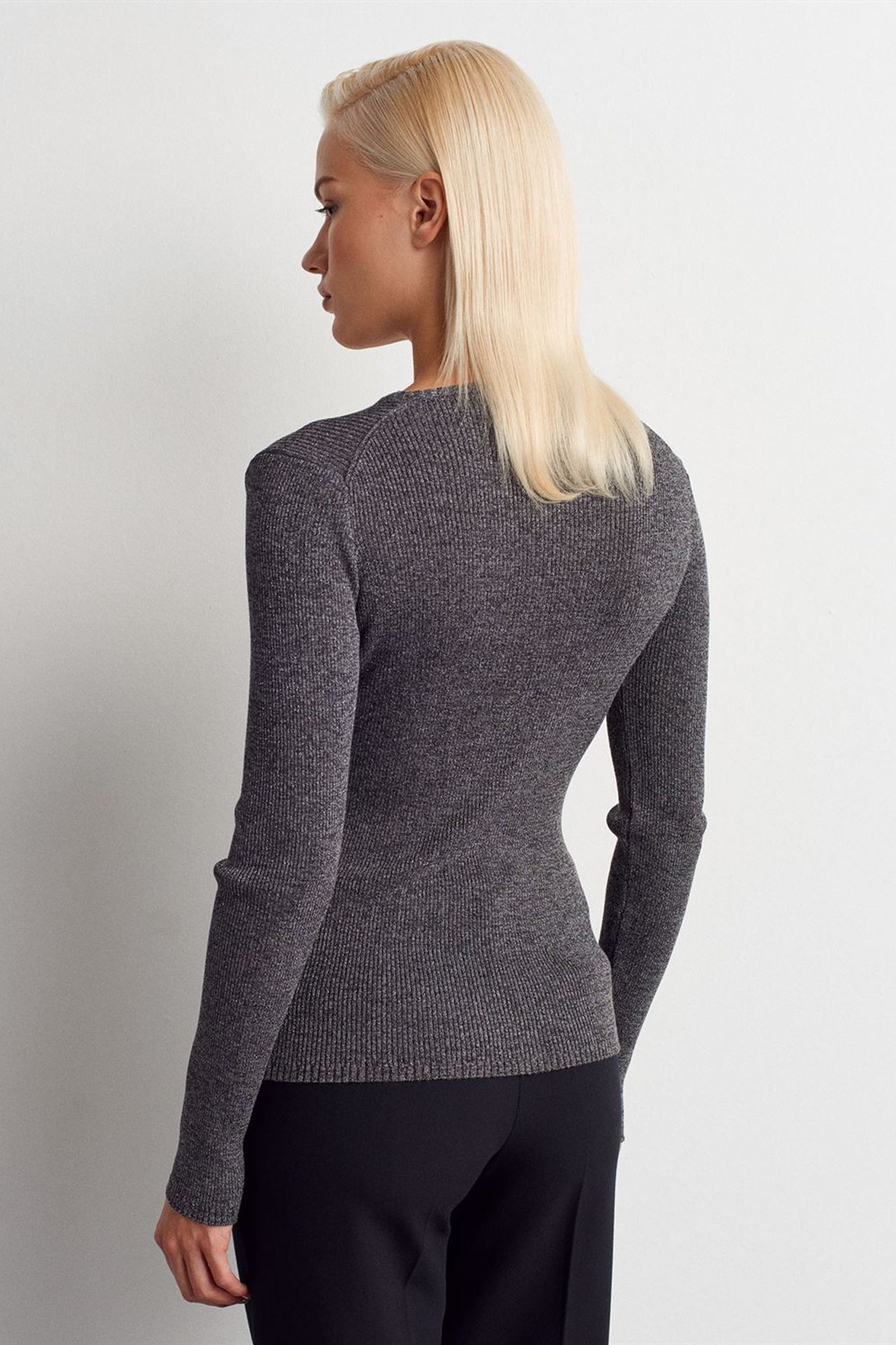 DILVIN Kadın Slim Fit V Yaka Fitilli Kazak 2