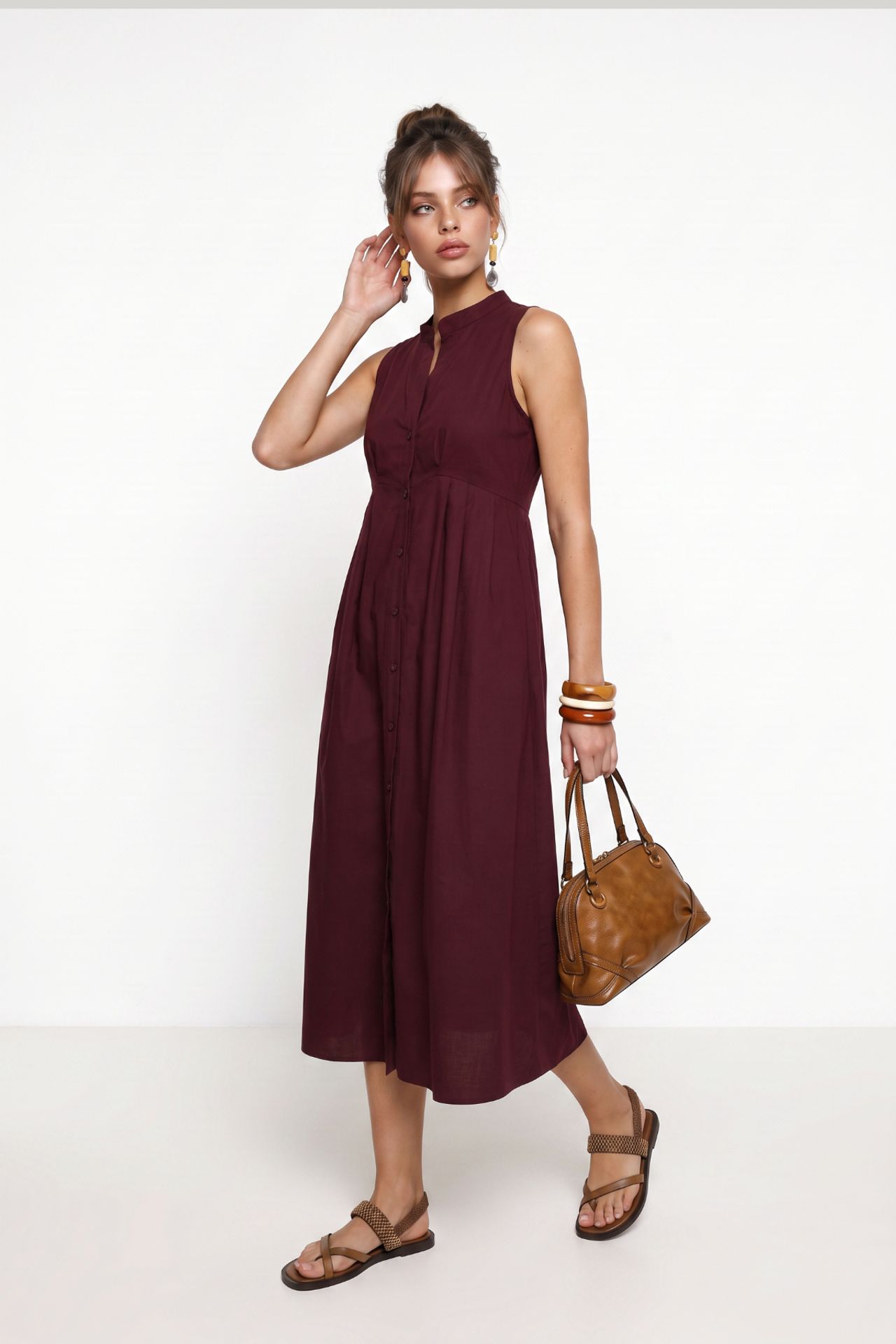 ISTANBUL Mandarin Collar Sleeveless A-Line Midi Dress 2