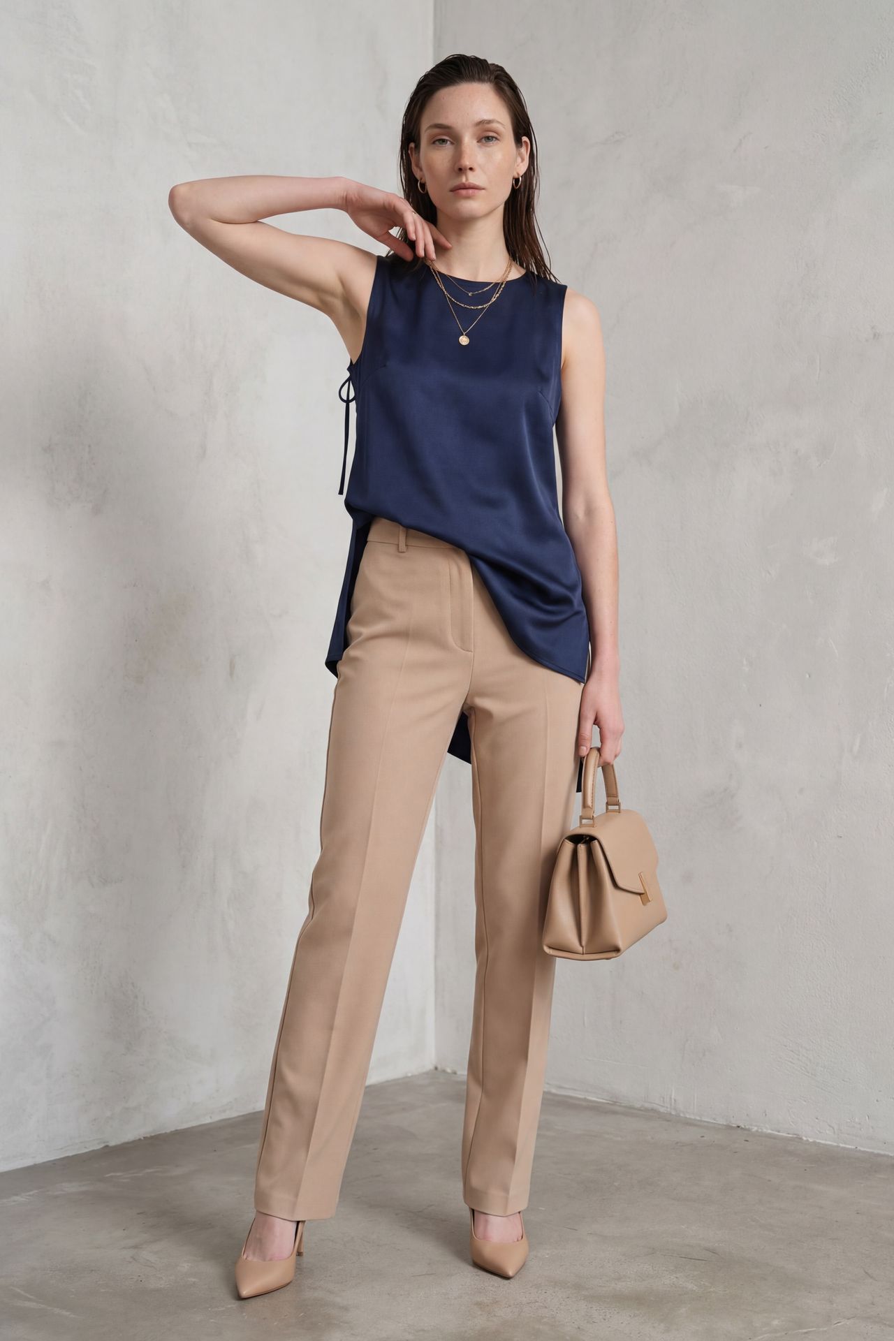 MY FASHION Satin Crew Neck Sleeveless Long Blouse with Slit 3