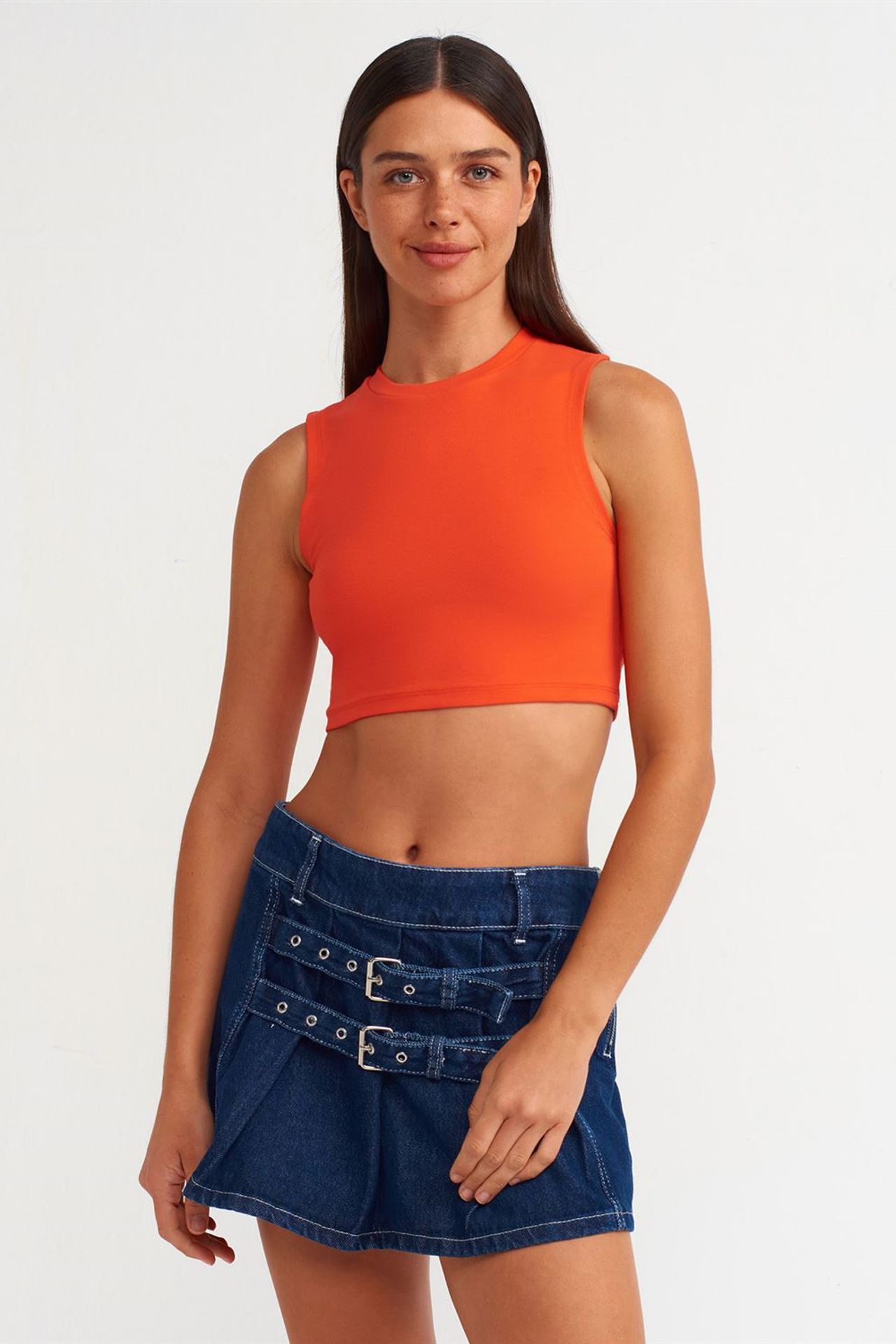 DILVIN Pamuklu Jarse Kolsuz Crop Bluz 4