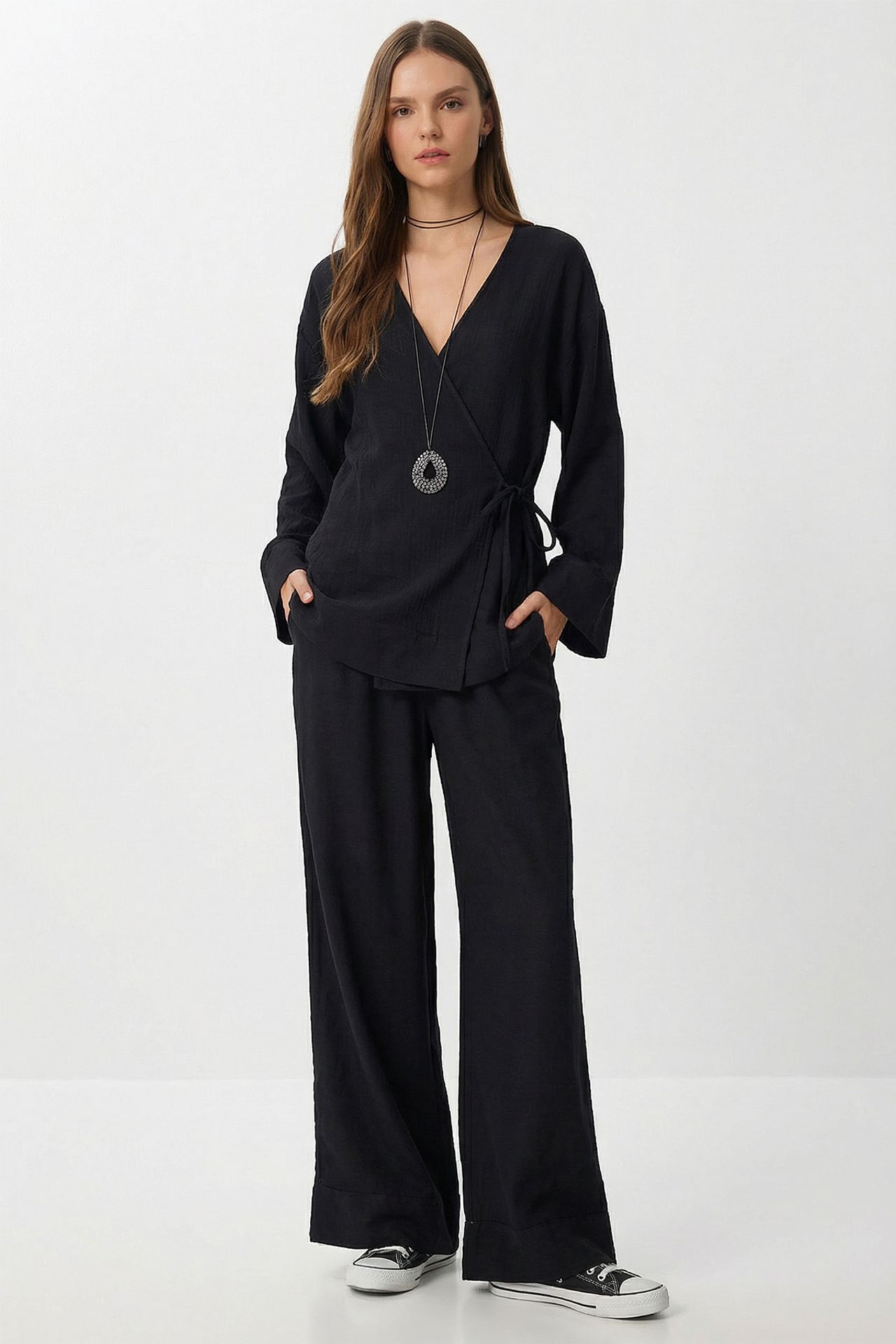 ISTANBUL High Waist Wide Leg Pants & V-Neck Tie Detail Blouse Co-ord Set 2