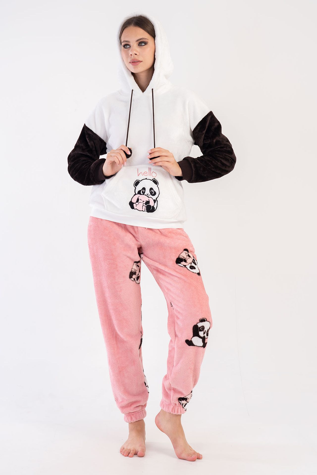 YAKE Kapüşonlu Baskılı 2 Parçalı Pijama Takımı 4
