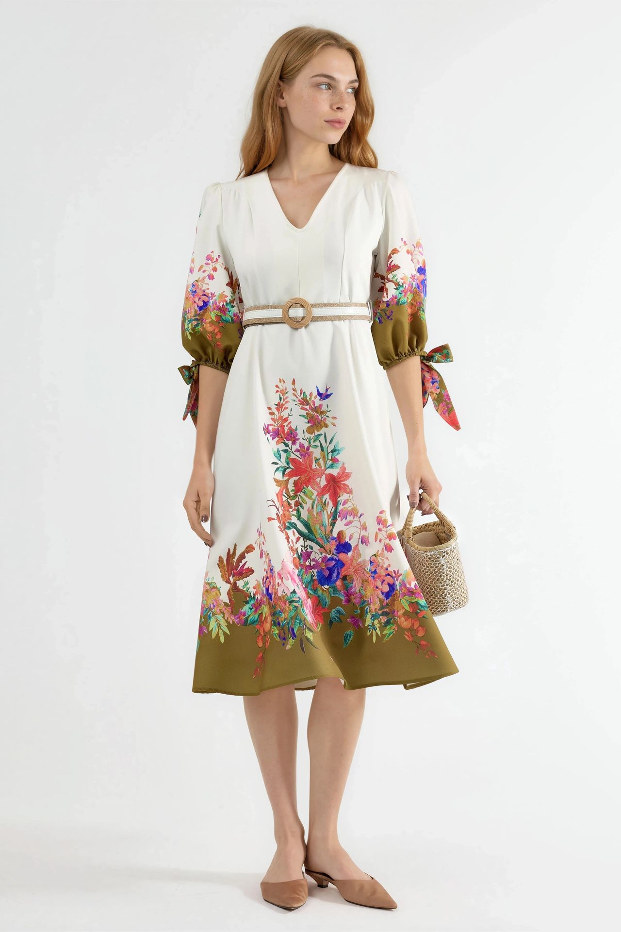 MSN Floral Belted Midi A-Line Dress 4