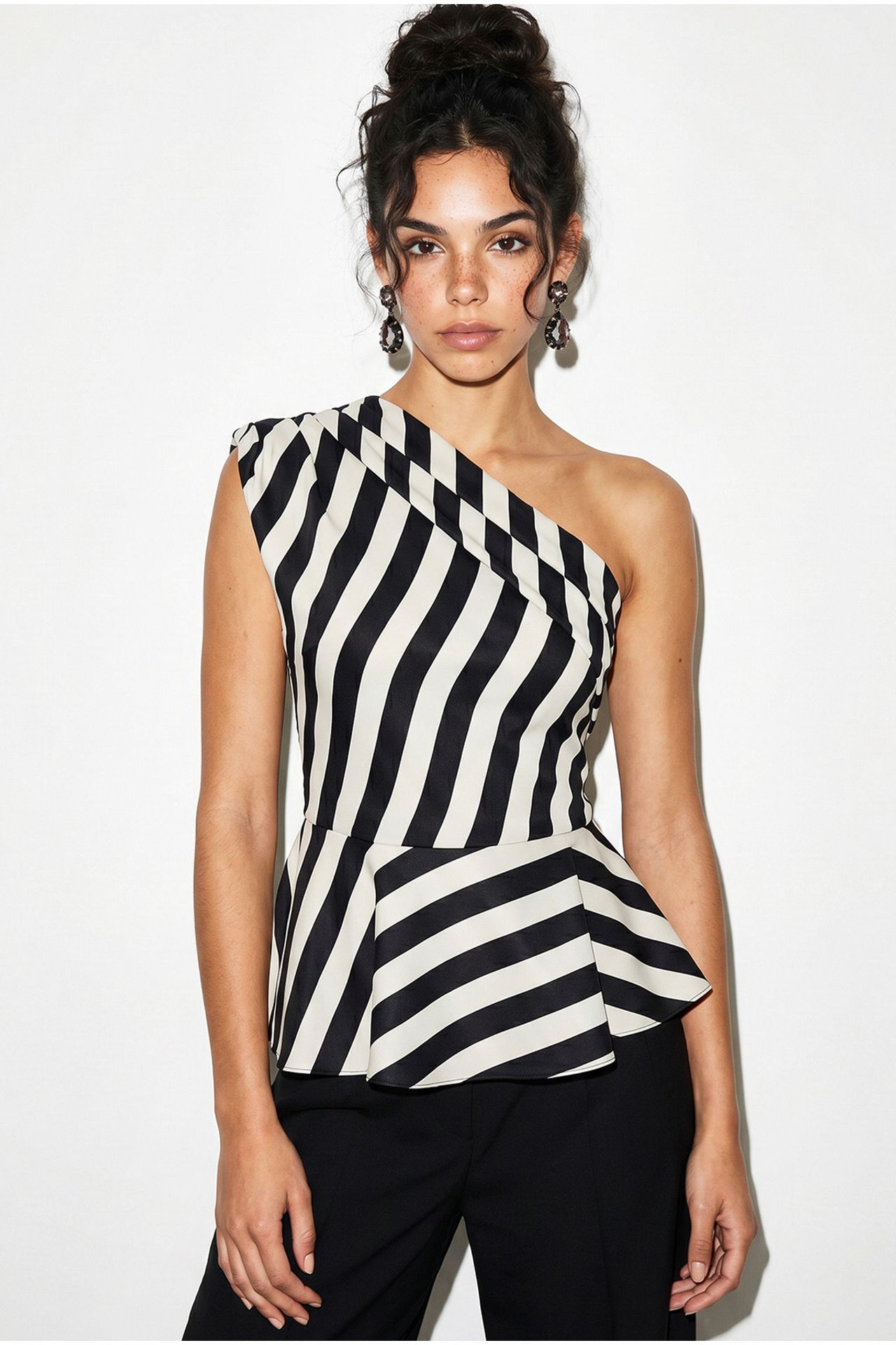 LUCCI Striped Satin Sleeveless Blouse With Asymmetrical Collar 1