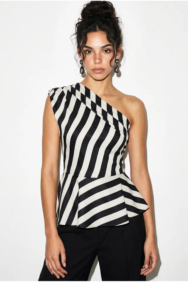 LUCCI Striped Satin Sleeveless Blouse With Asymmetrical Collar