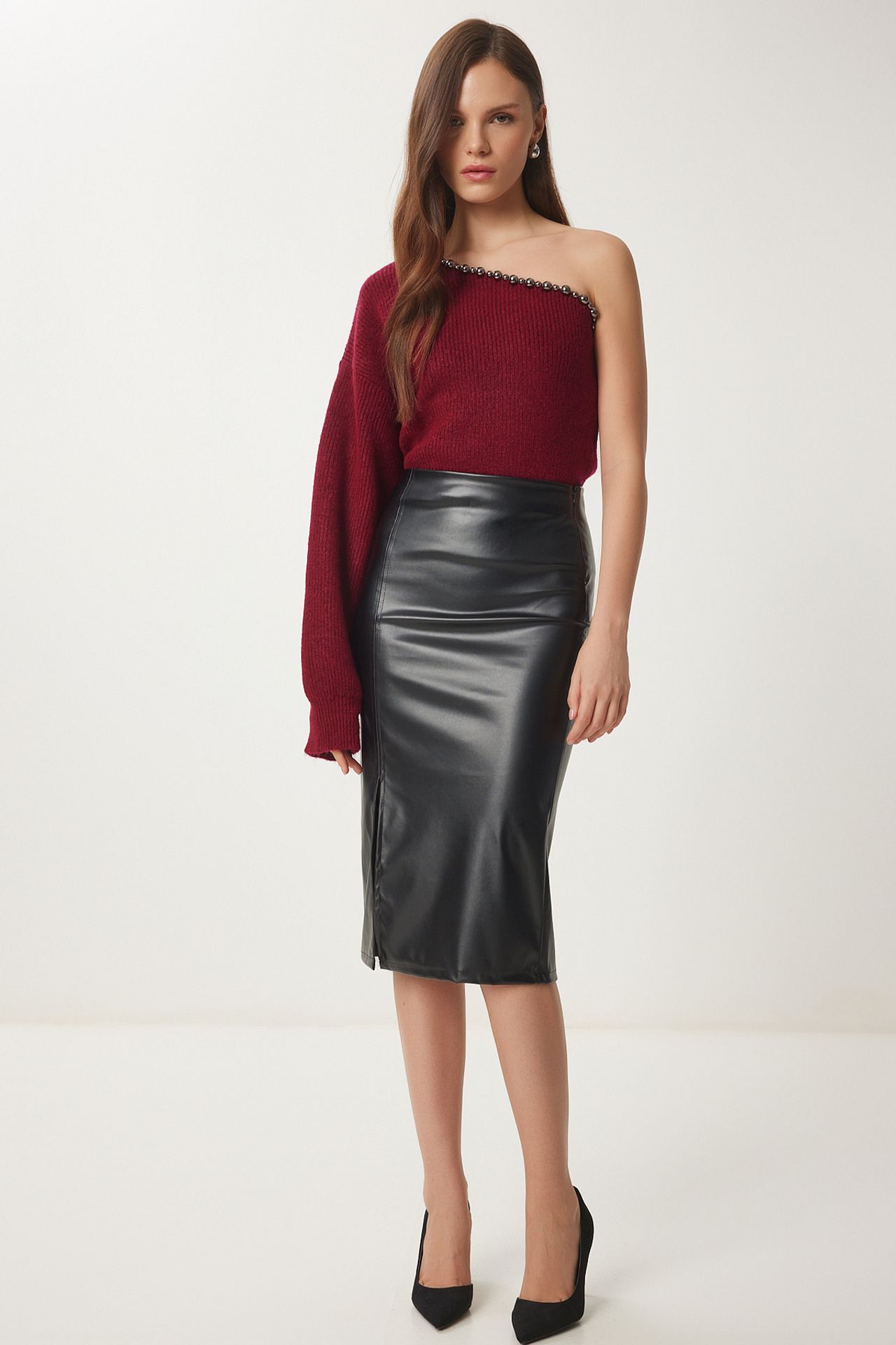 ISTANBUL High Waist Faux Leather Midi Skirt with Slit 3
