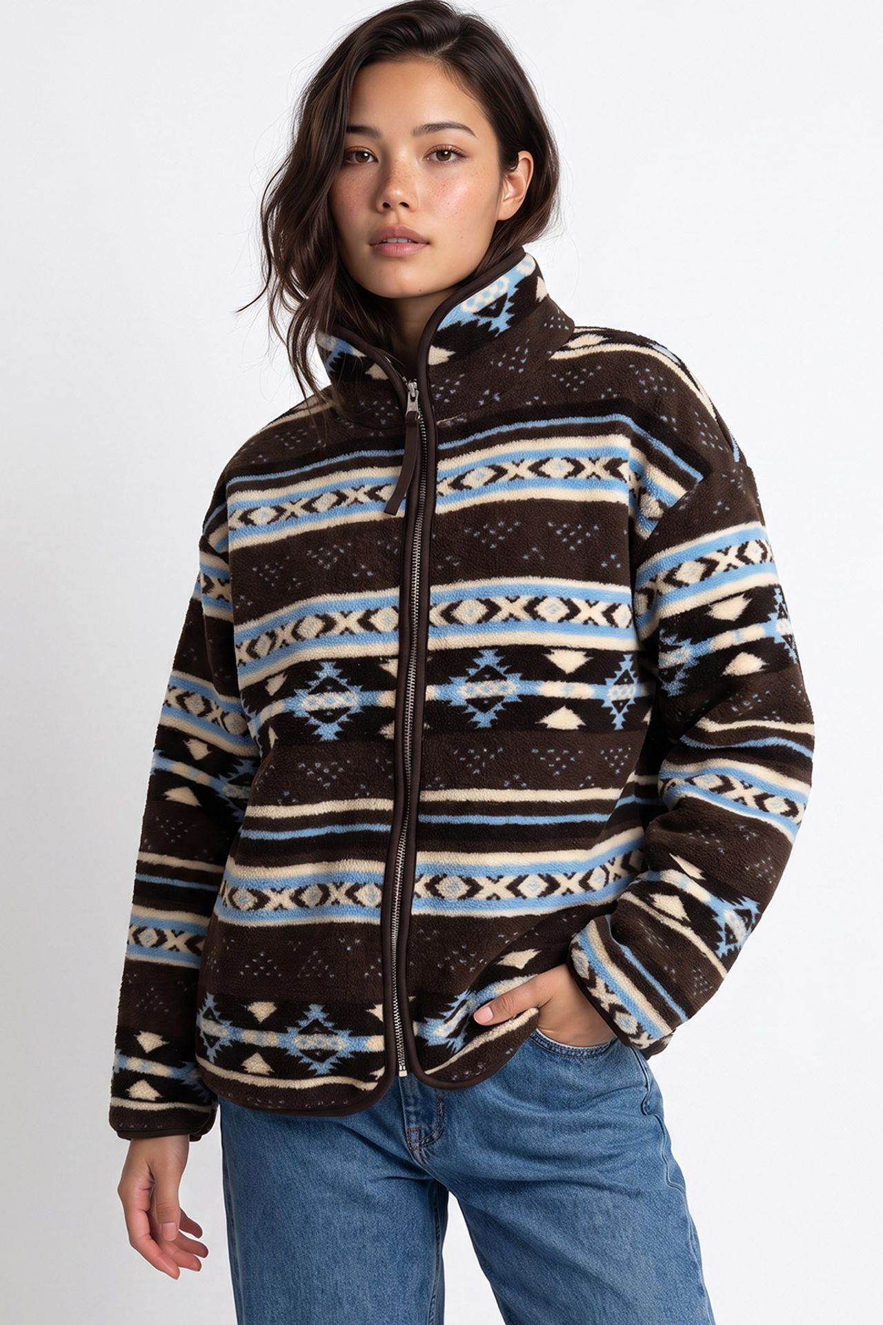 MIXRAY Women's Geometric Zipper Collar Sweatshirt 1