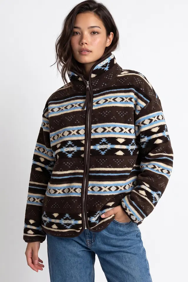 MIXRAY Women's Geometric Zipper Collar Sweatshirt