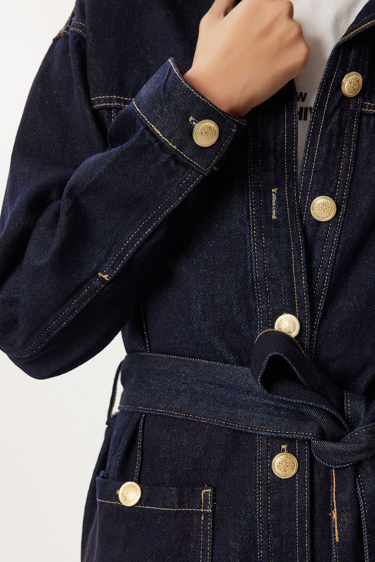 ISTANBUL Belted Denim Jacket and Wide Leg Pants Two-Piece Set 4