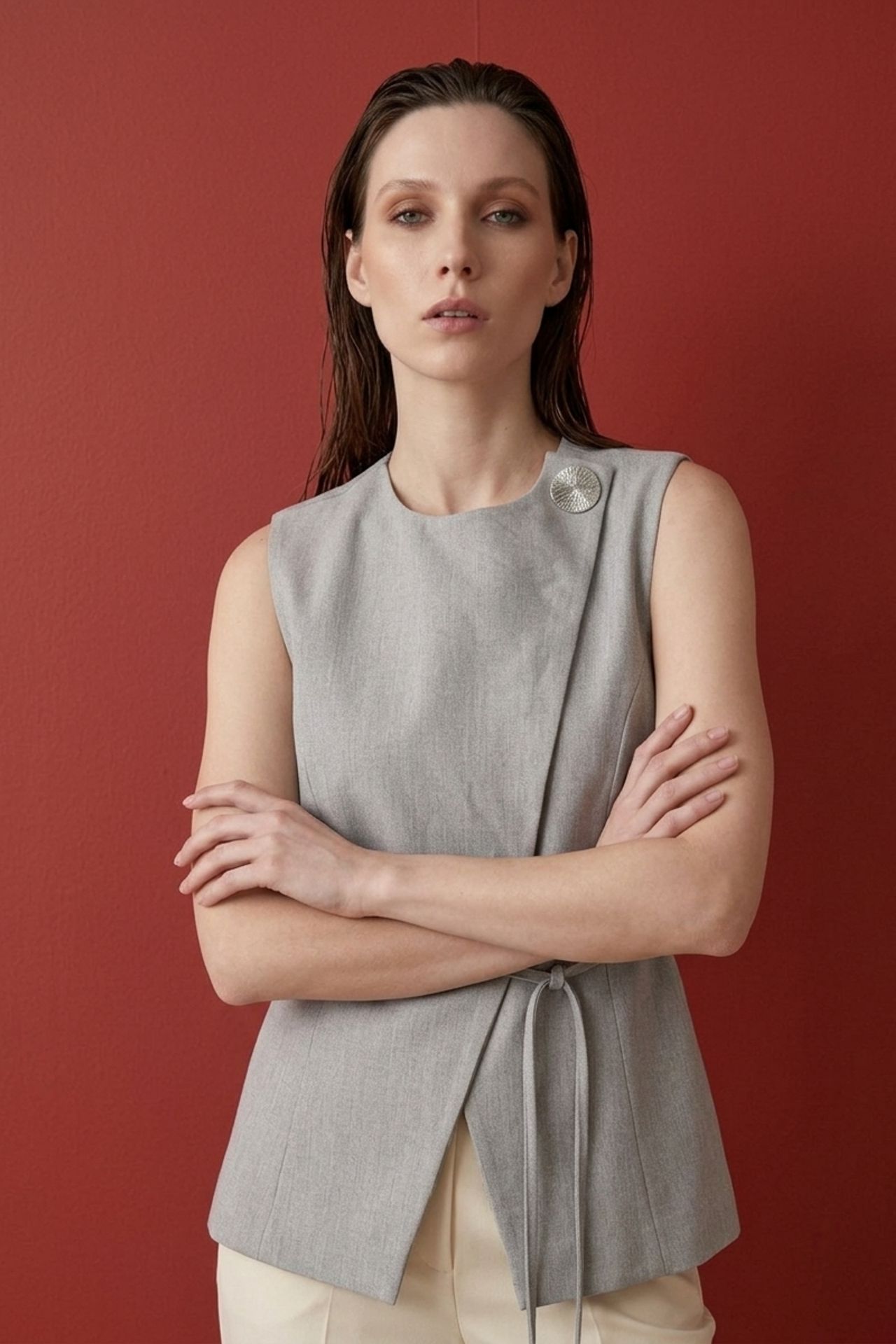 MY FASHION Belted crepe waistcoat 4
