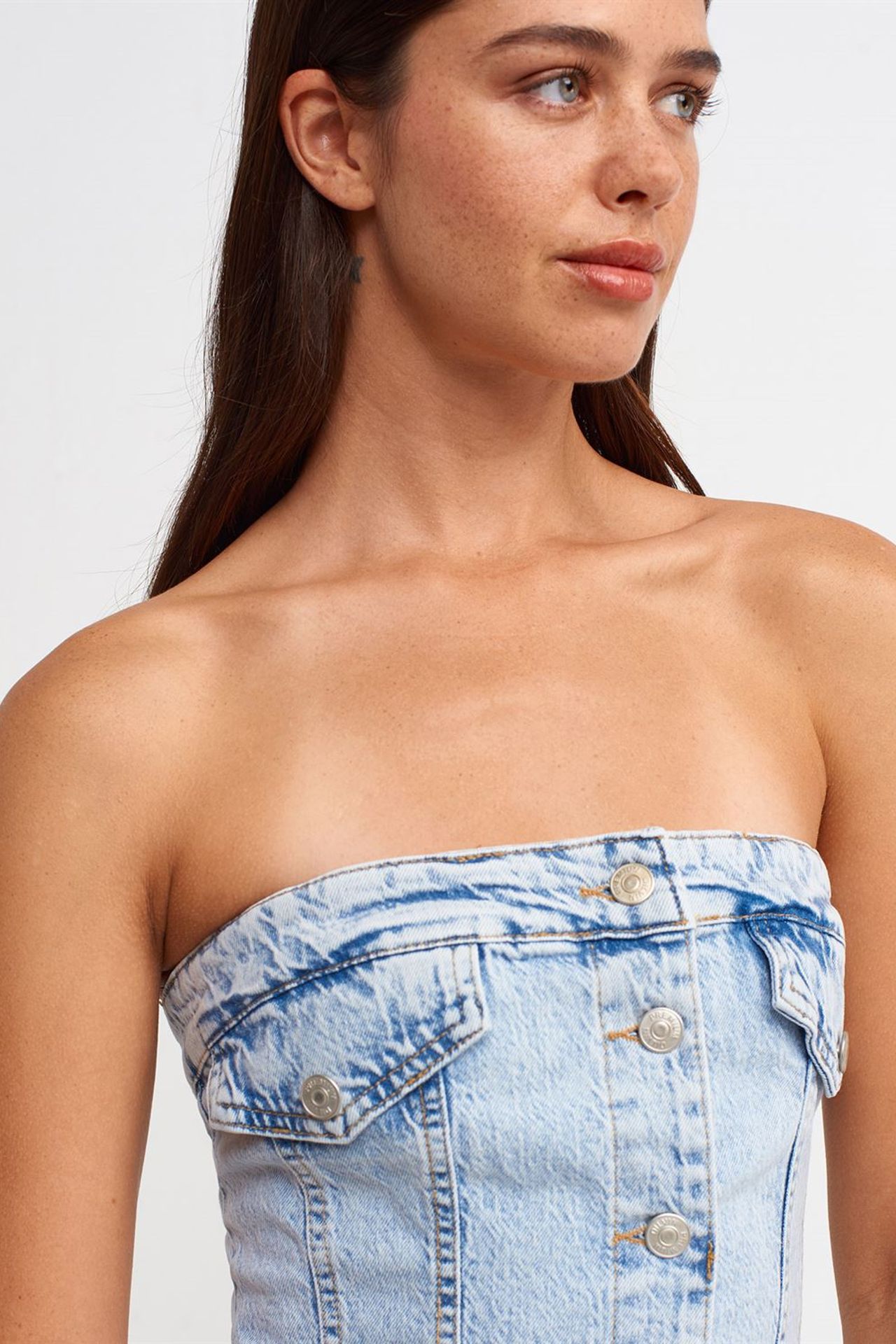 DILVIN Straplez Mini Denim Elbise 4