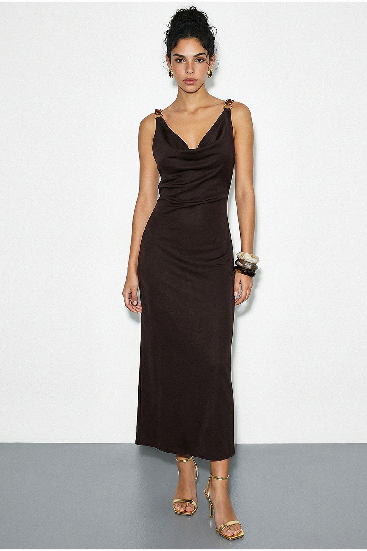 LUCCI Sleeveless Satin Maxi Slip Dress with Cowl Neck and Accessory Detail 3