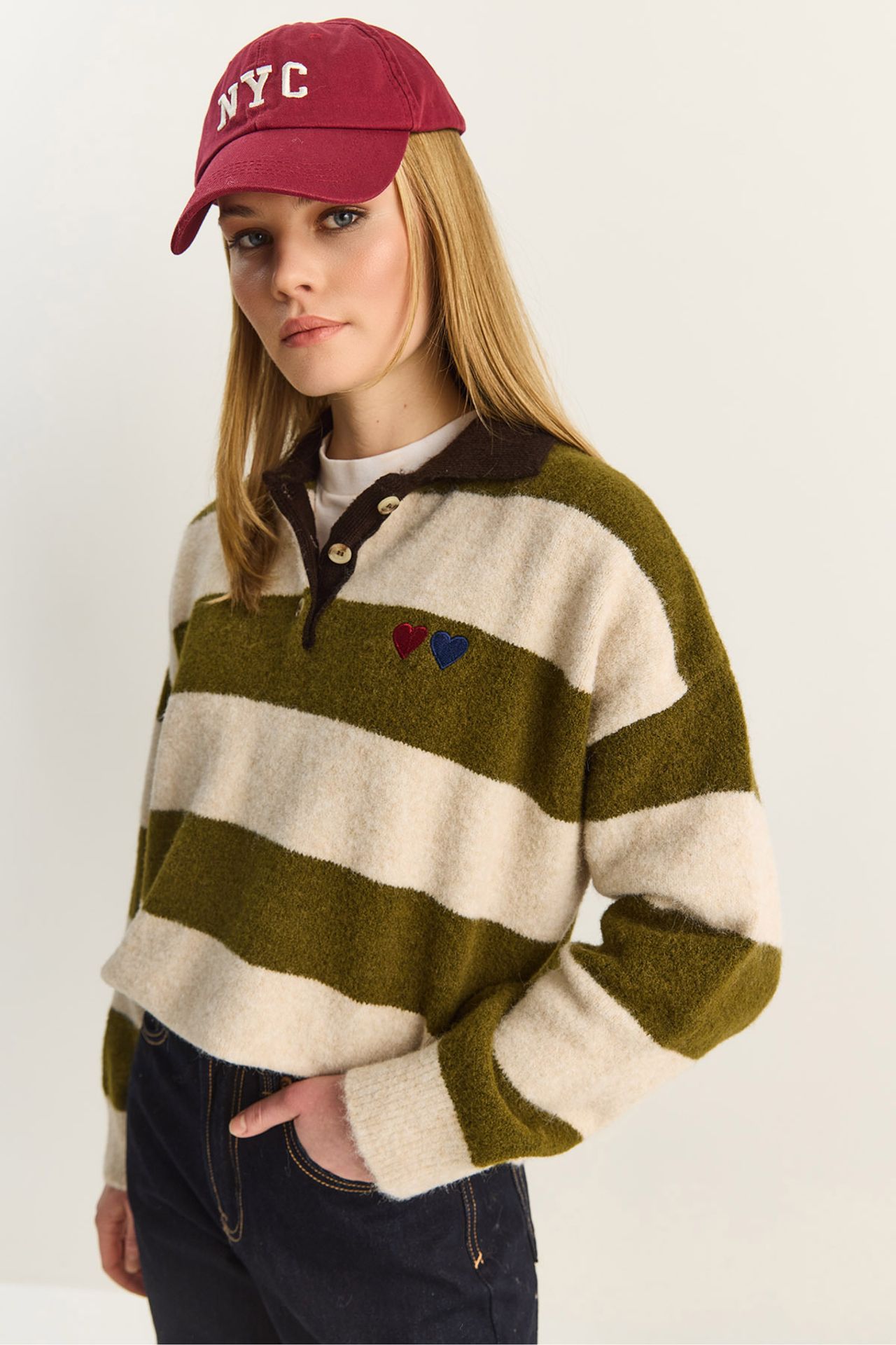 LUCCI Oversized Striped Polo Collar Sweater with Embroidery 6