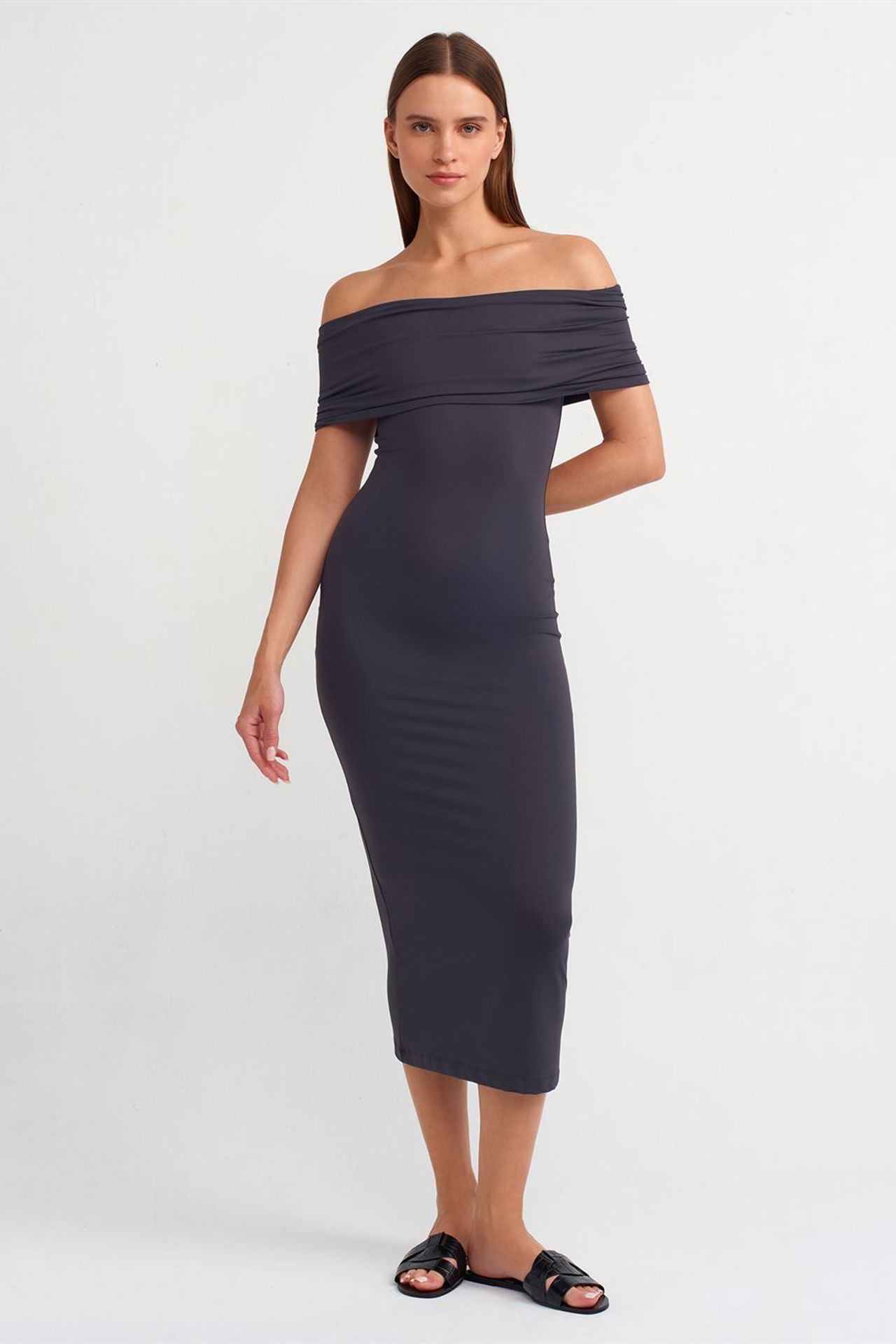 DILVIN Omuzları Açık Bodycon Midi Elbise 1
