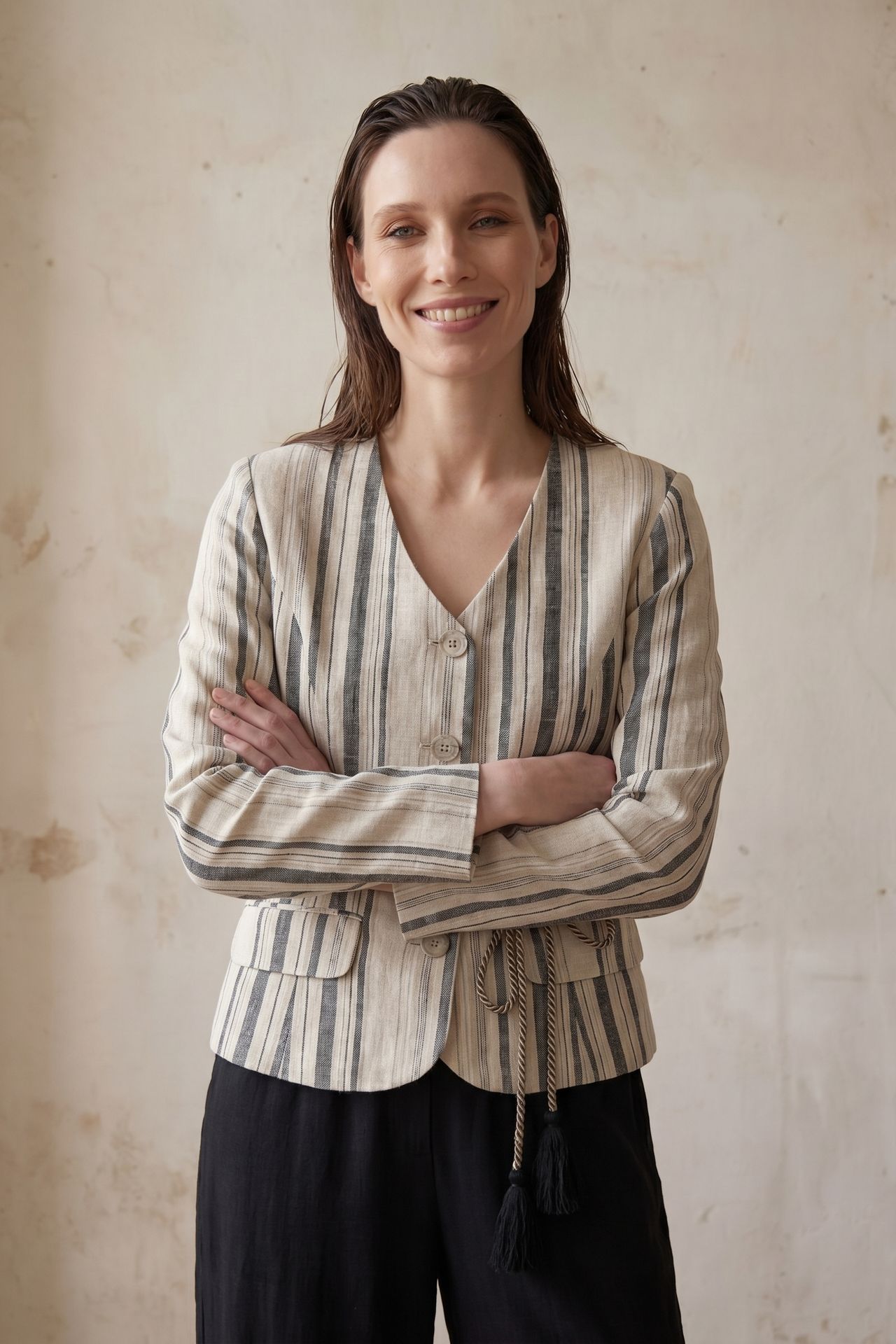 MY FASHION Striped belted poplin jacket 4