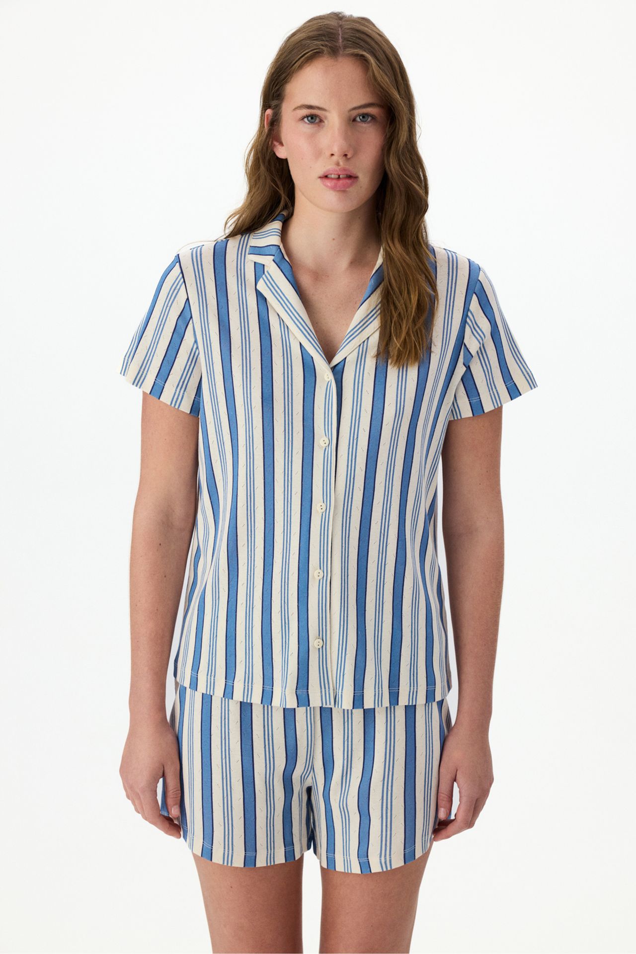 PENTI Striped Pointelle Short Sleeve Shirt Shorts Pajama Set 2