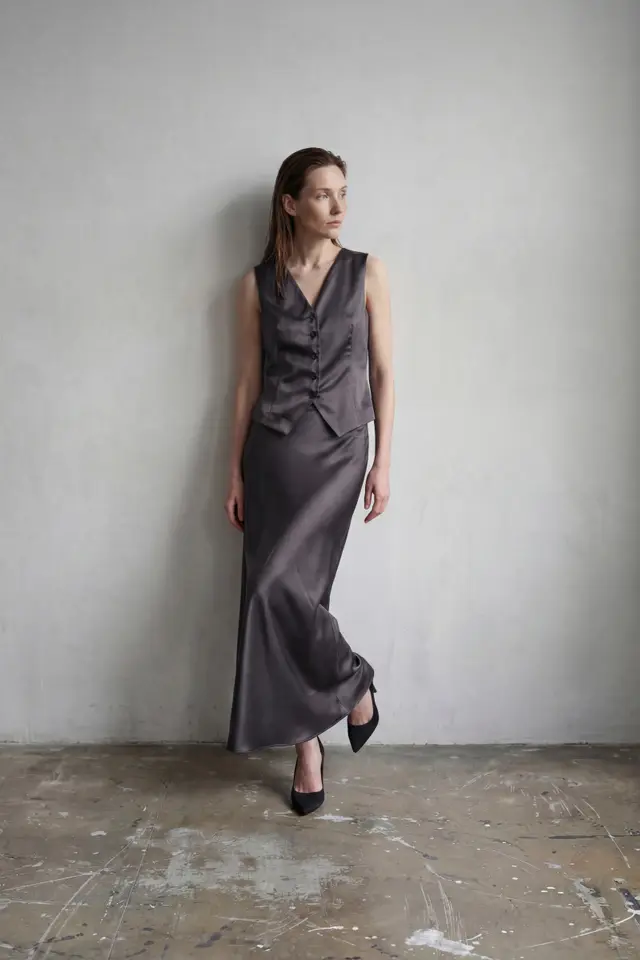 MY FASHION V-Neck Vest & Maxi Skirt Satin Two-Piece Set
