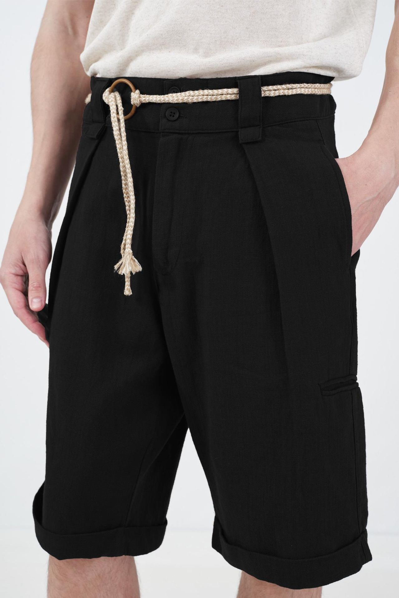 GIESTO Mid Waist Belted Cotton Shorts 2