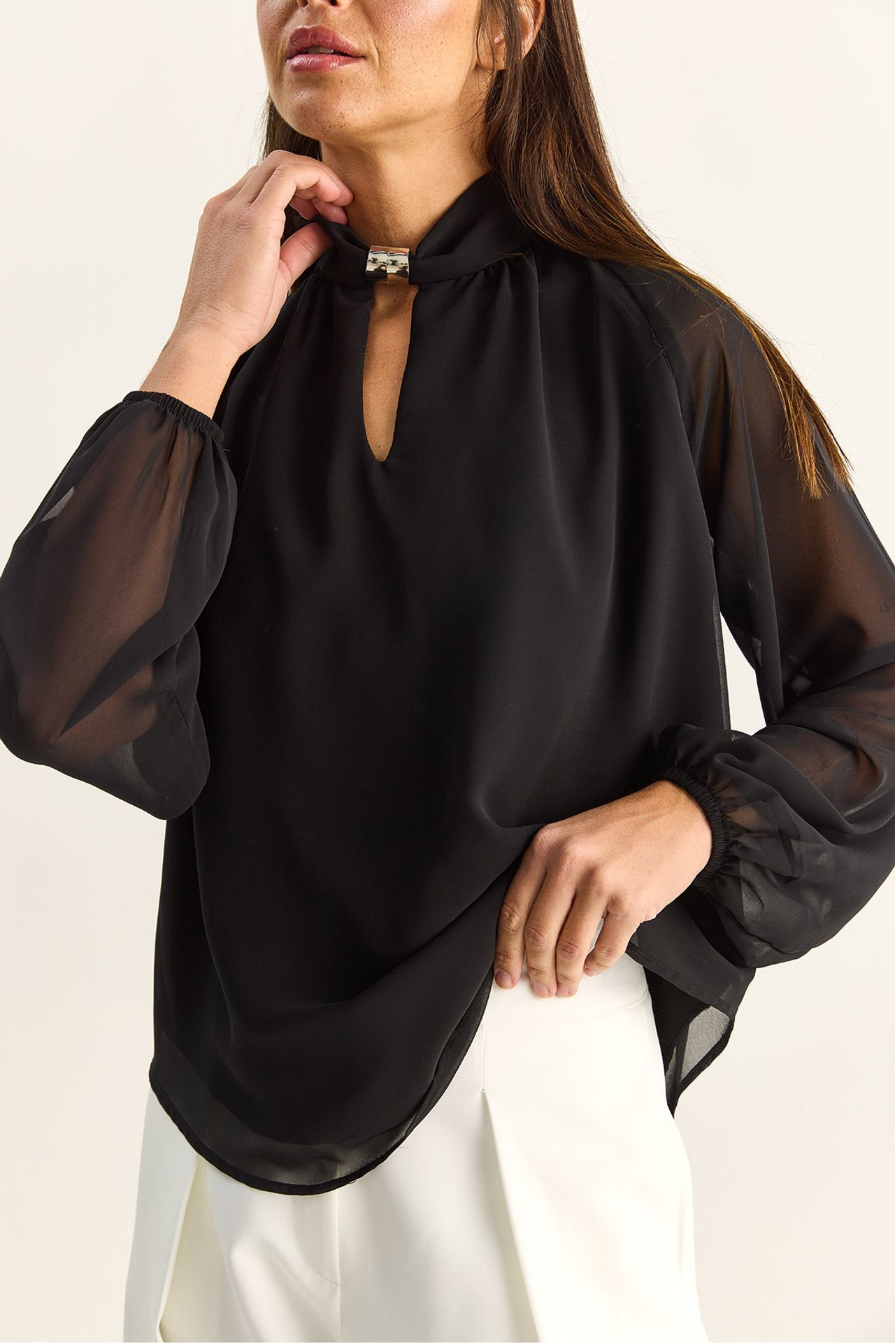 LUCCI Mandarin Collar Chiffon Blouse with Stone Accessory 6