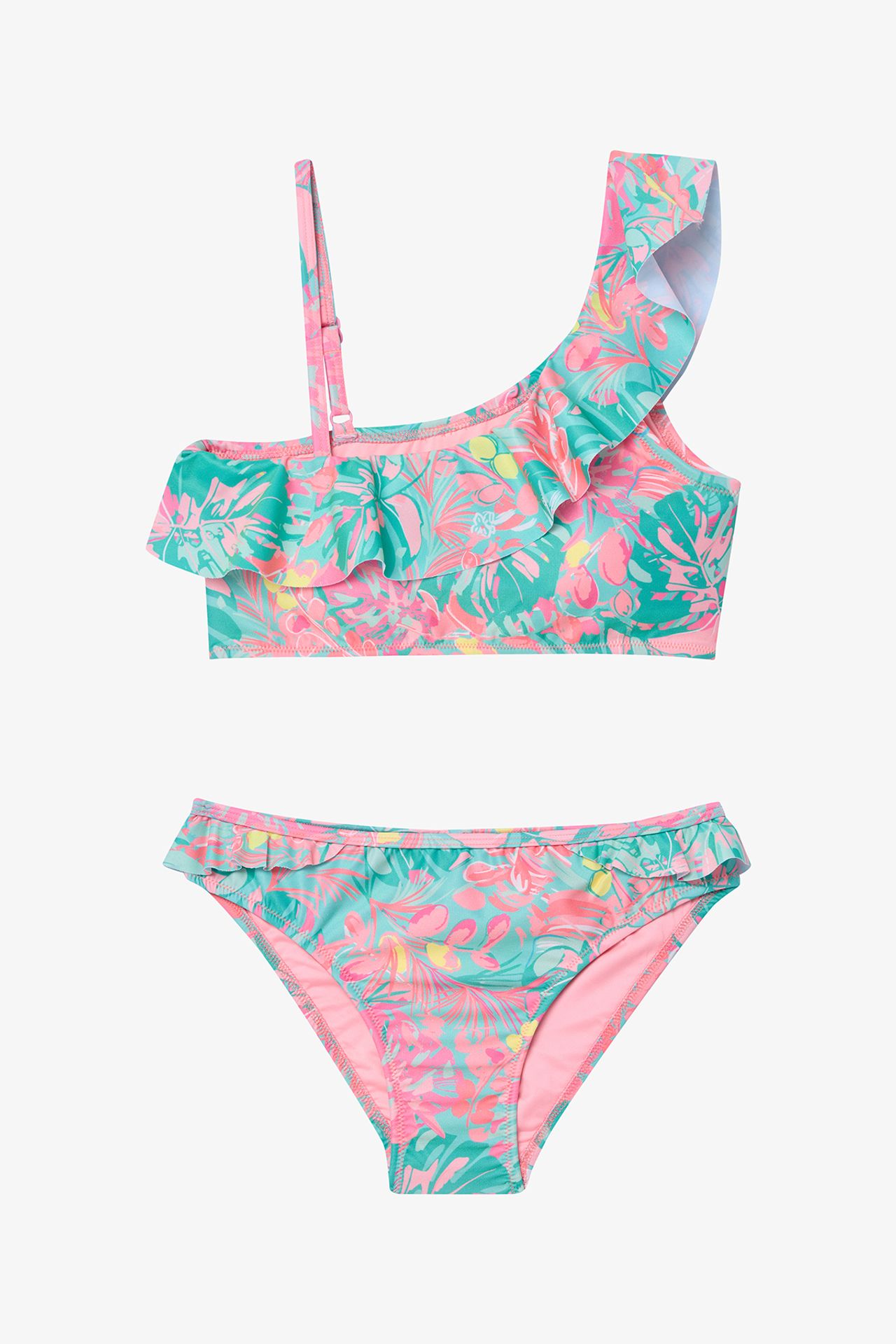 PENTI Bali Leaf Print Ruffled One Shoulder Bikini Set 1