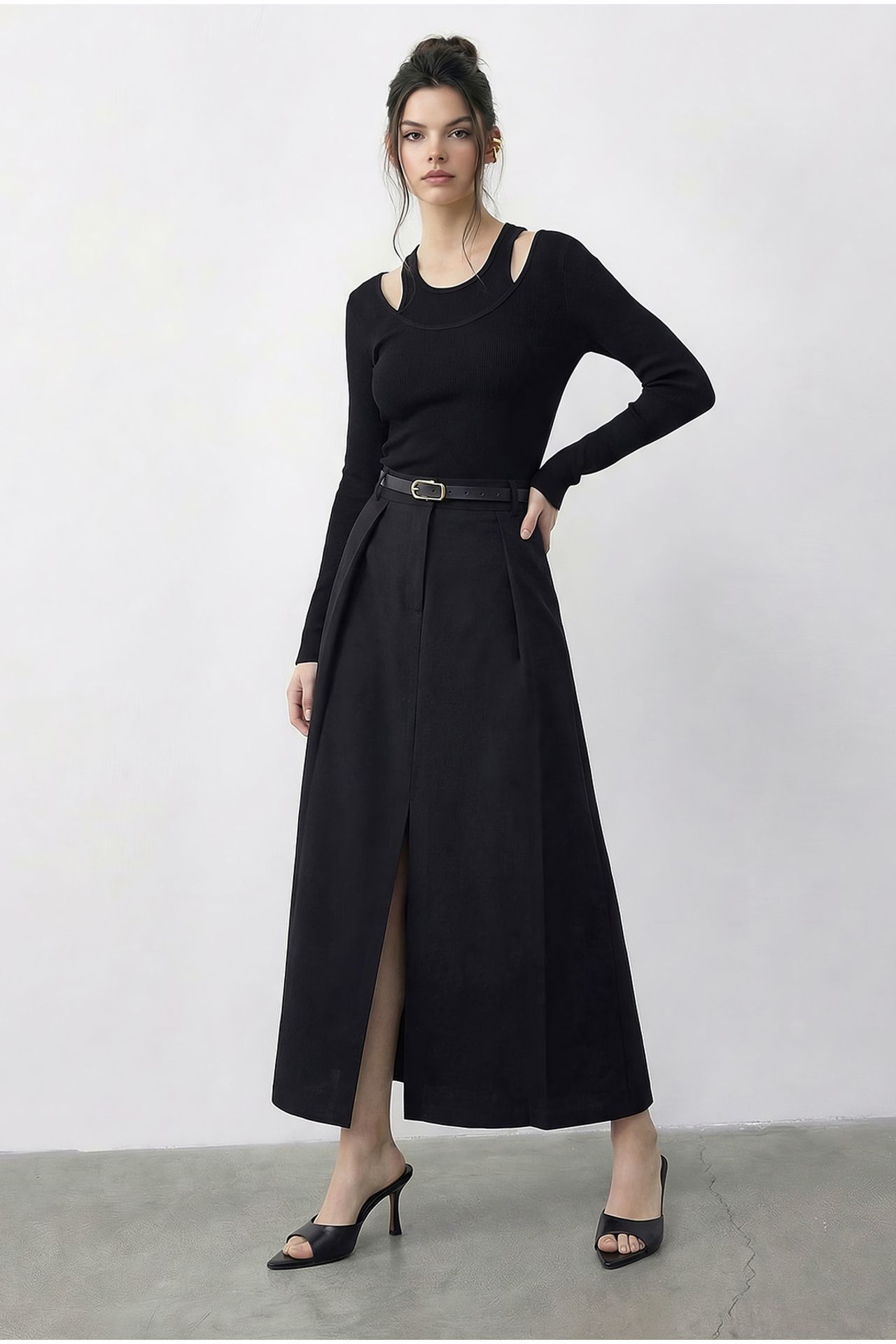 LUCCI High Waist Midi A-Line Skirt with Belt 2