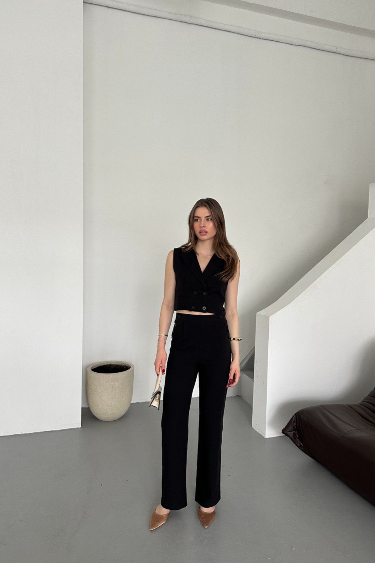 MY FASHION High Waist V-neck Buttoned Wide Leg Co-ord Set 2