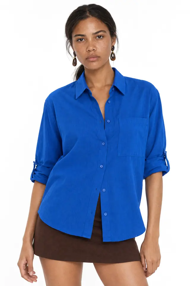 Mixray Long Sleeve Button-Up Shirt with Pocket