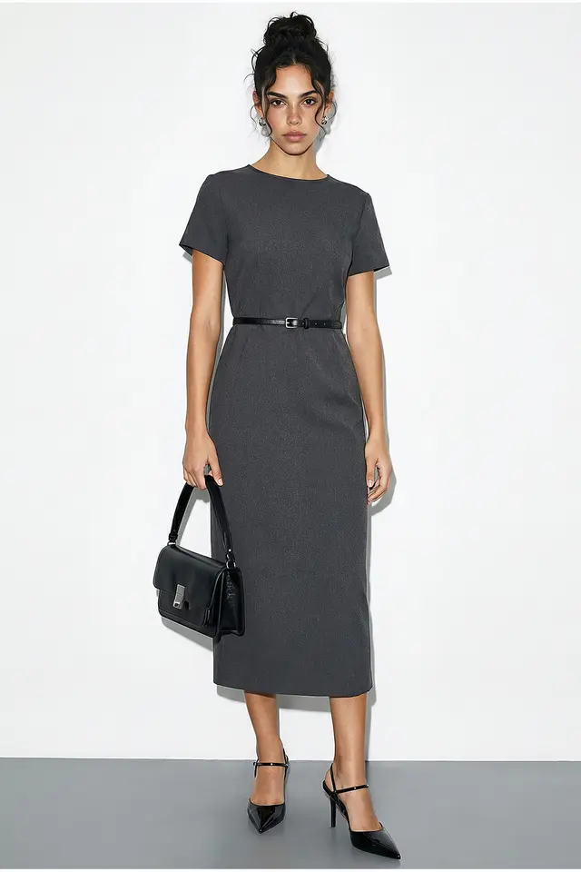 LUCCI Belted Midi Dress with Crew Neck